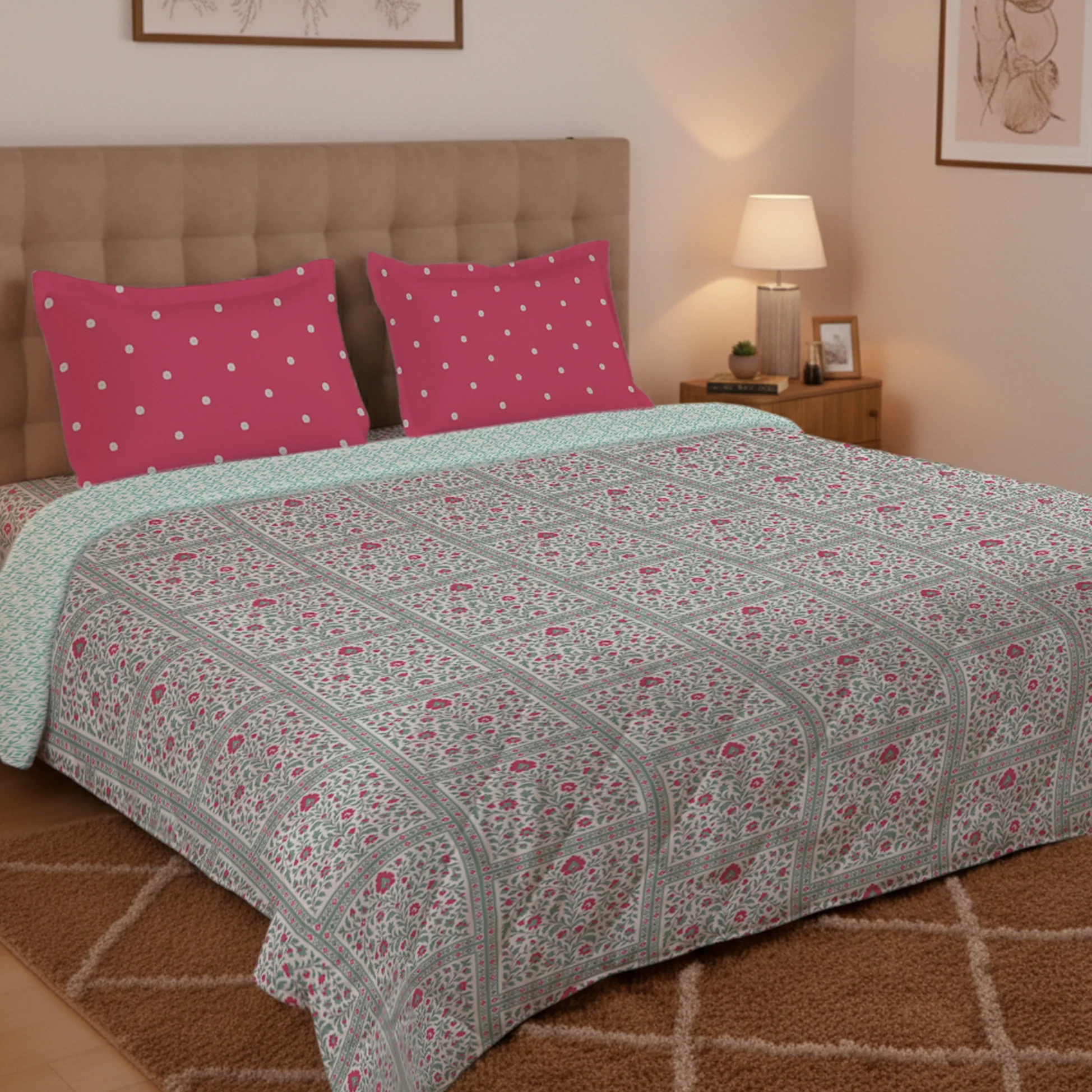 Aangan Weaves | Ethnic Printed Bedding Set - Set of Bedsheet & Comforter - Indian Pink