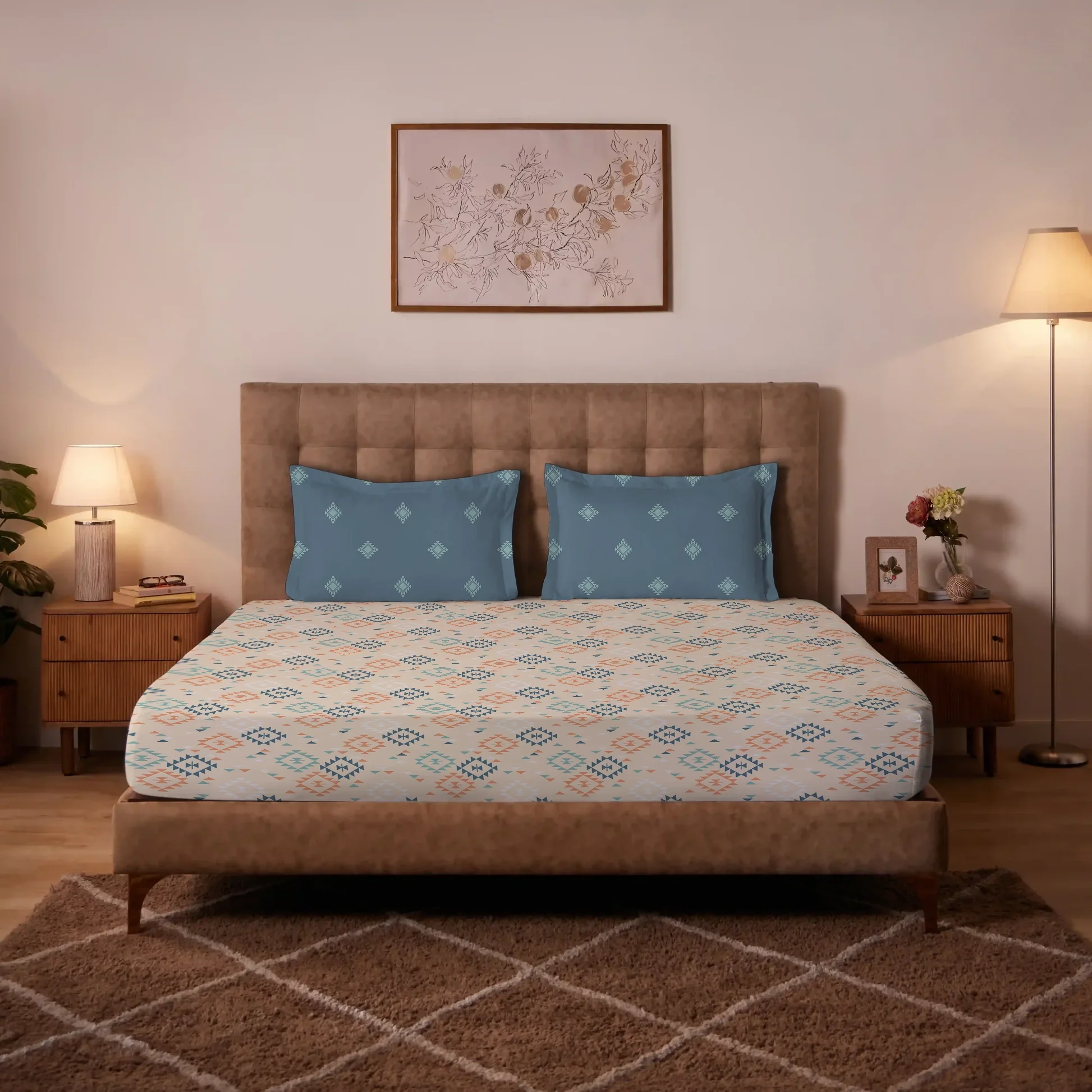 Aangan Weaves | Modern Geometric Printed Cotton Bedsheet Set - Rich Teal - Image 2