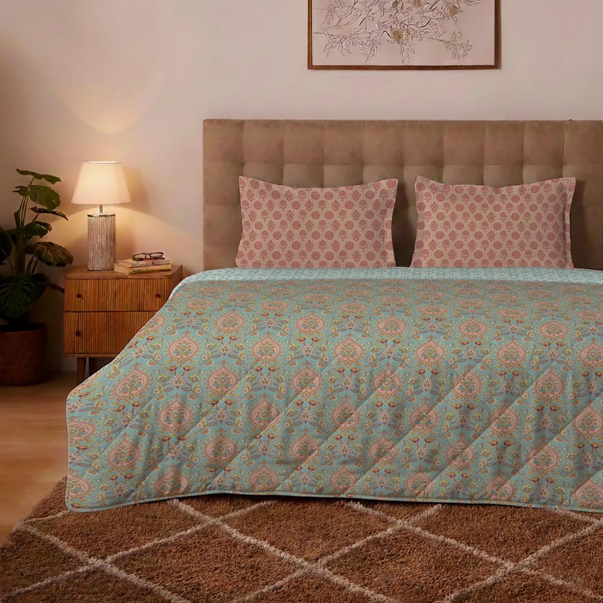 Aangan Weaves | Sage Green Traditional Printed Bedding Set - Set of Bedsheet & Comforter - Sea Glass - Image 3