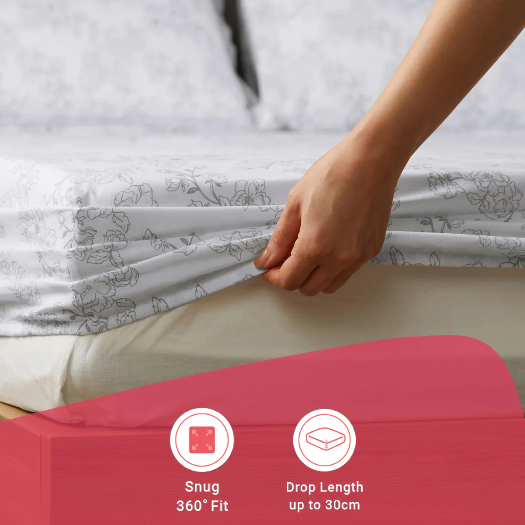 Bloomshire Classic | Everyday Charm Printed Cotton Fitted Sheet Set-Grey - Image 15