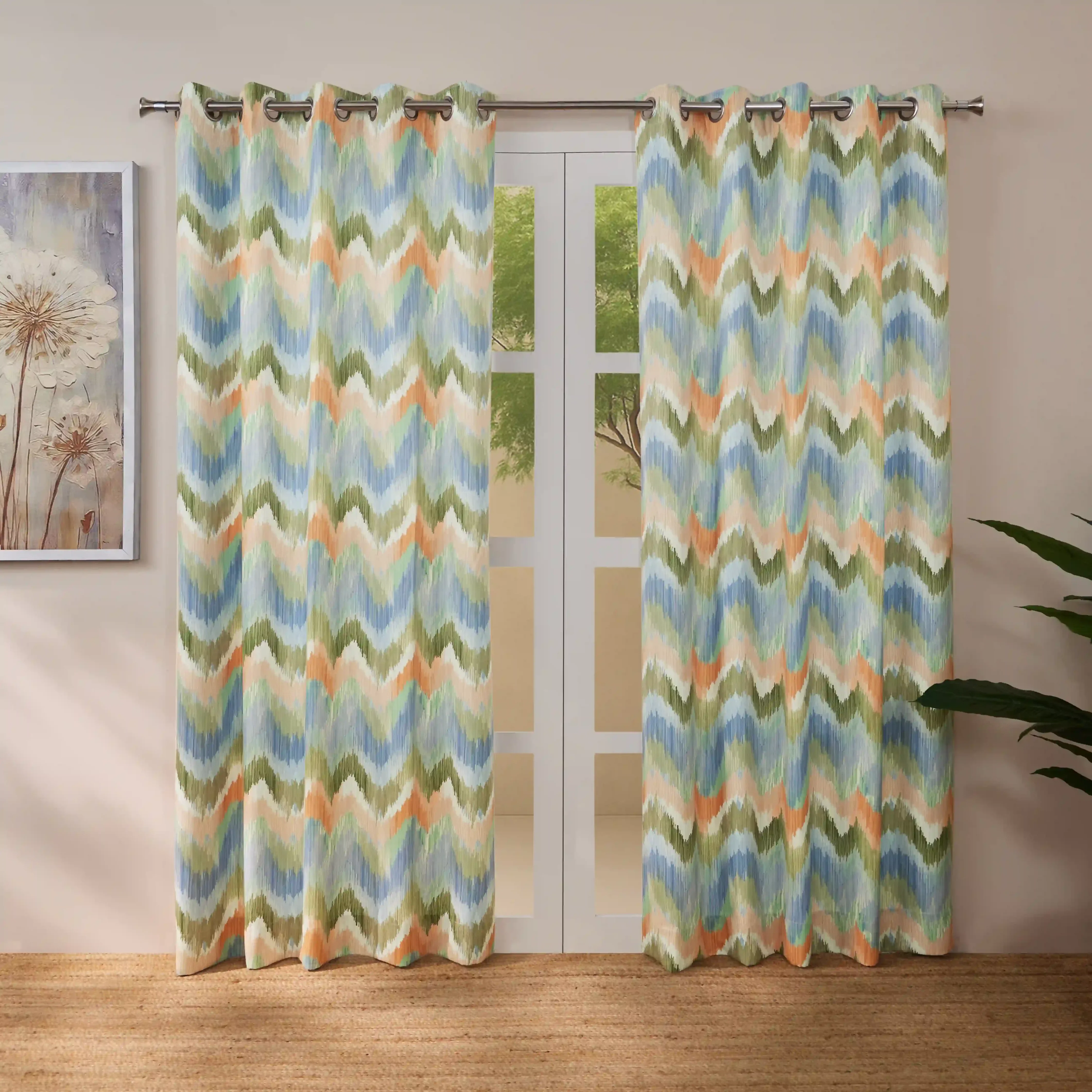 Bloomshire Classic Set Of 2 Printed Readymade Curtains | Modern Ikat - Image 9