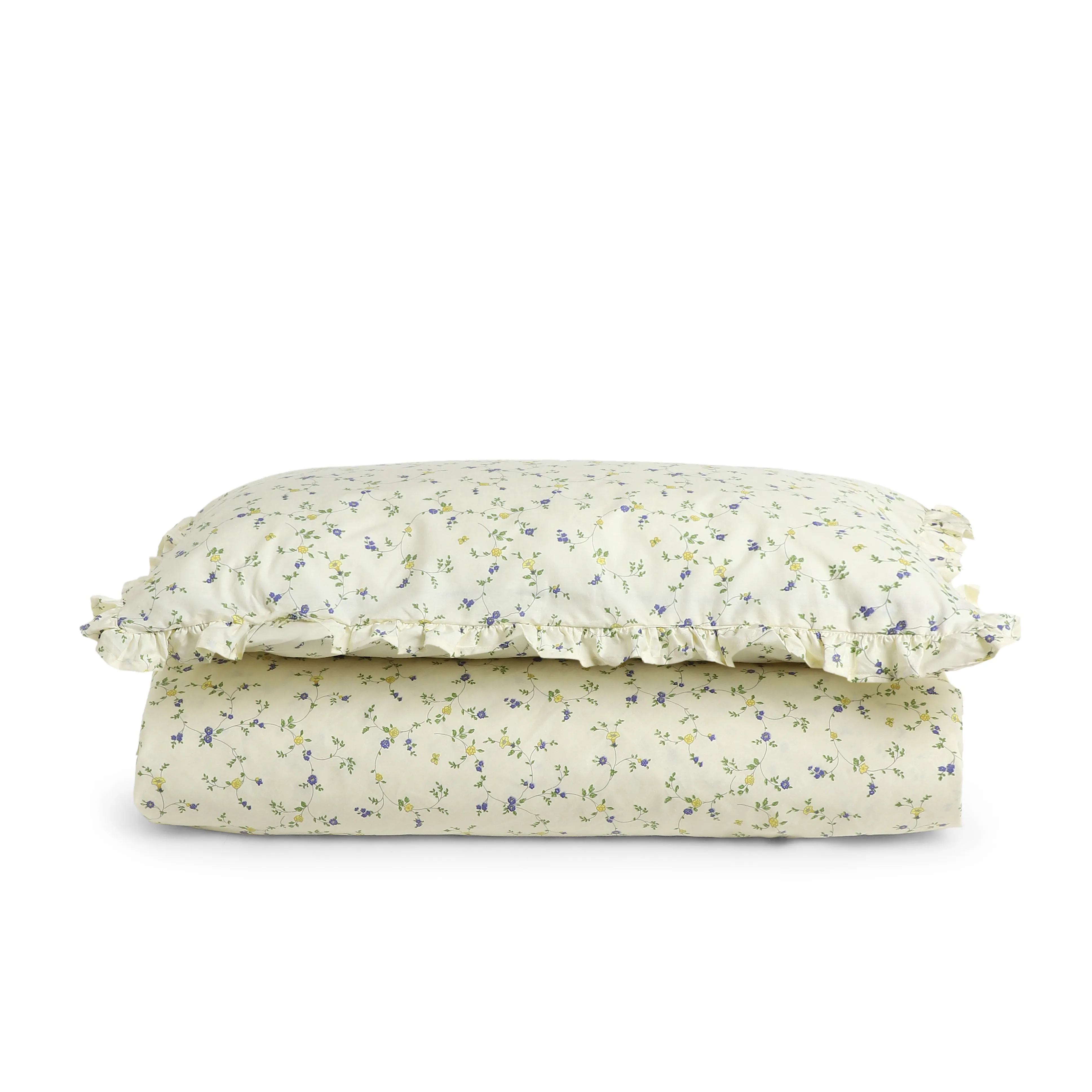 Bloomshire Luxe | Romantic Flora Printed Cotton Bedsheet Set | Pillow Cover with Frills-Cream Bloom - Image 4
