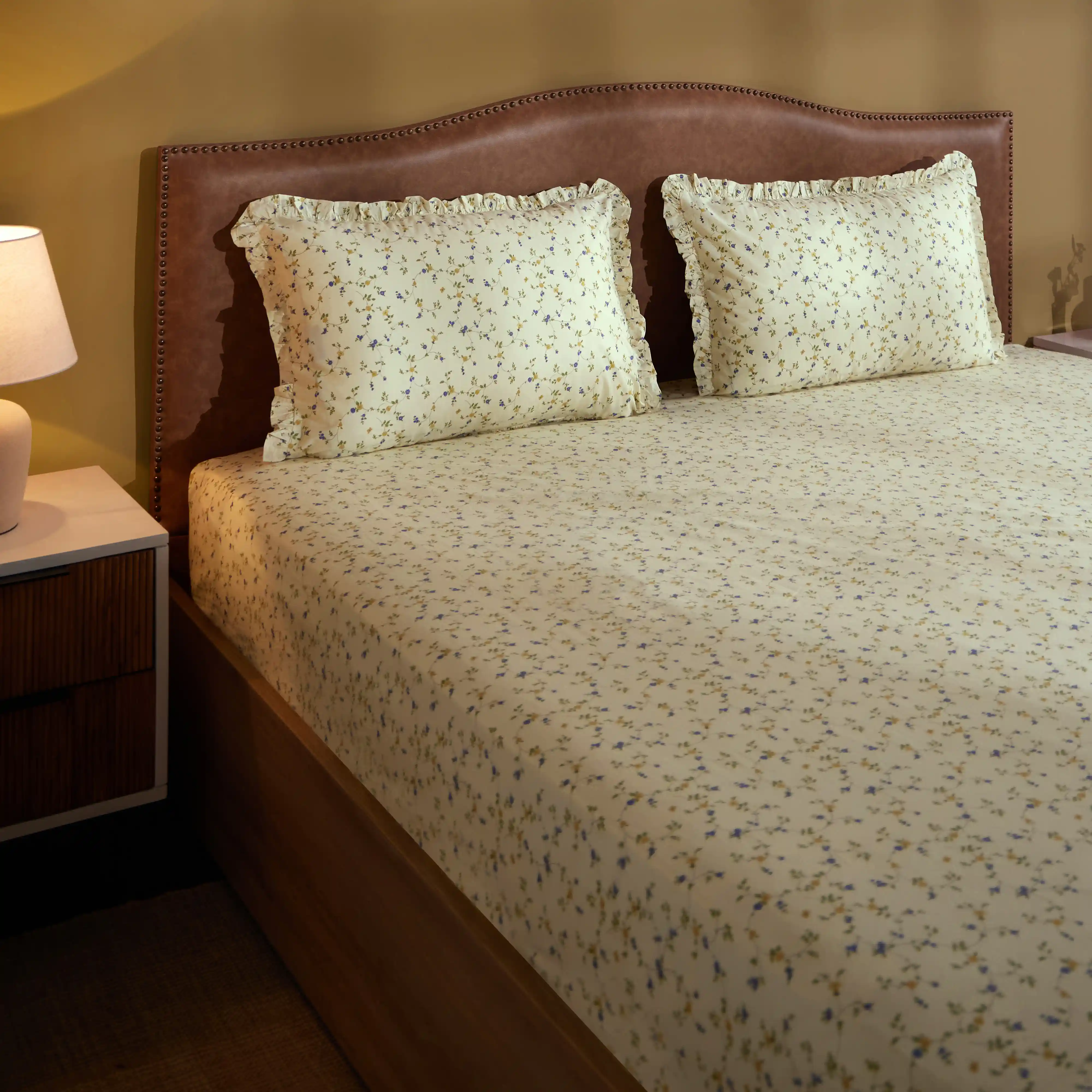 Bloomshire Luxe | Romantic Flora Printed Cotton Bedsheet Set | Pillow Cover with Frills-Cream Bloom - Image 6