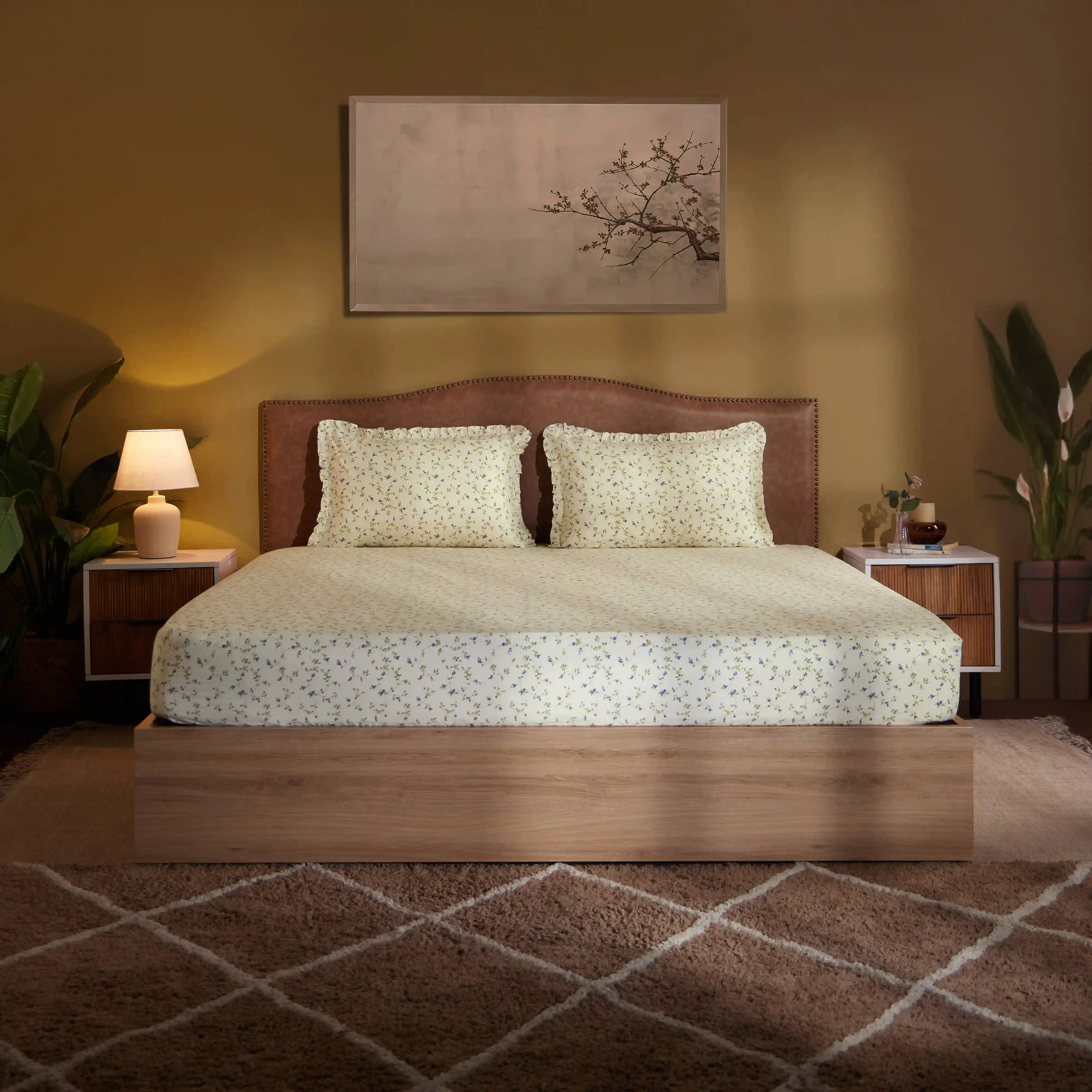Bloomshire Luxe | Romantic Flora Printed Cotton Bedsheet Set | Pillow Cover with Frills-Cream Bloom - Image 7