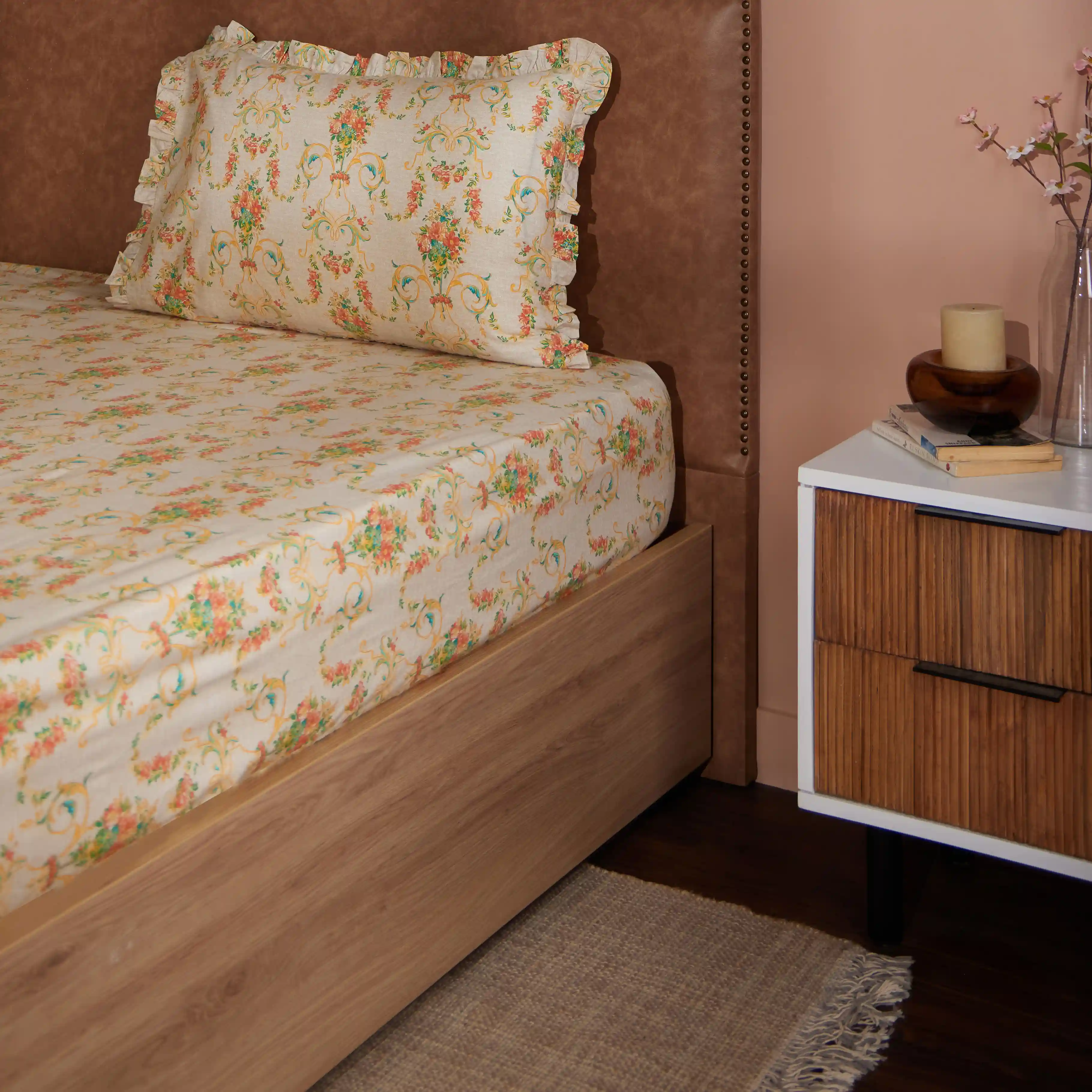 Bloomshire Luxe | Romantic Flora Printed Cotton Bedsheet Set | Pillow Cover with Frills-Multicolour