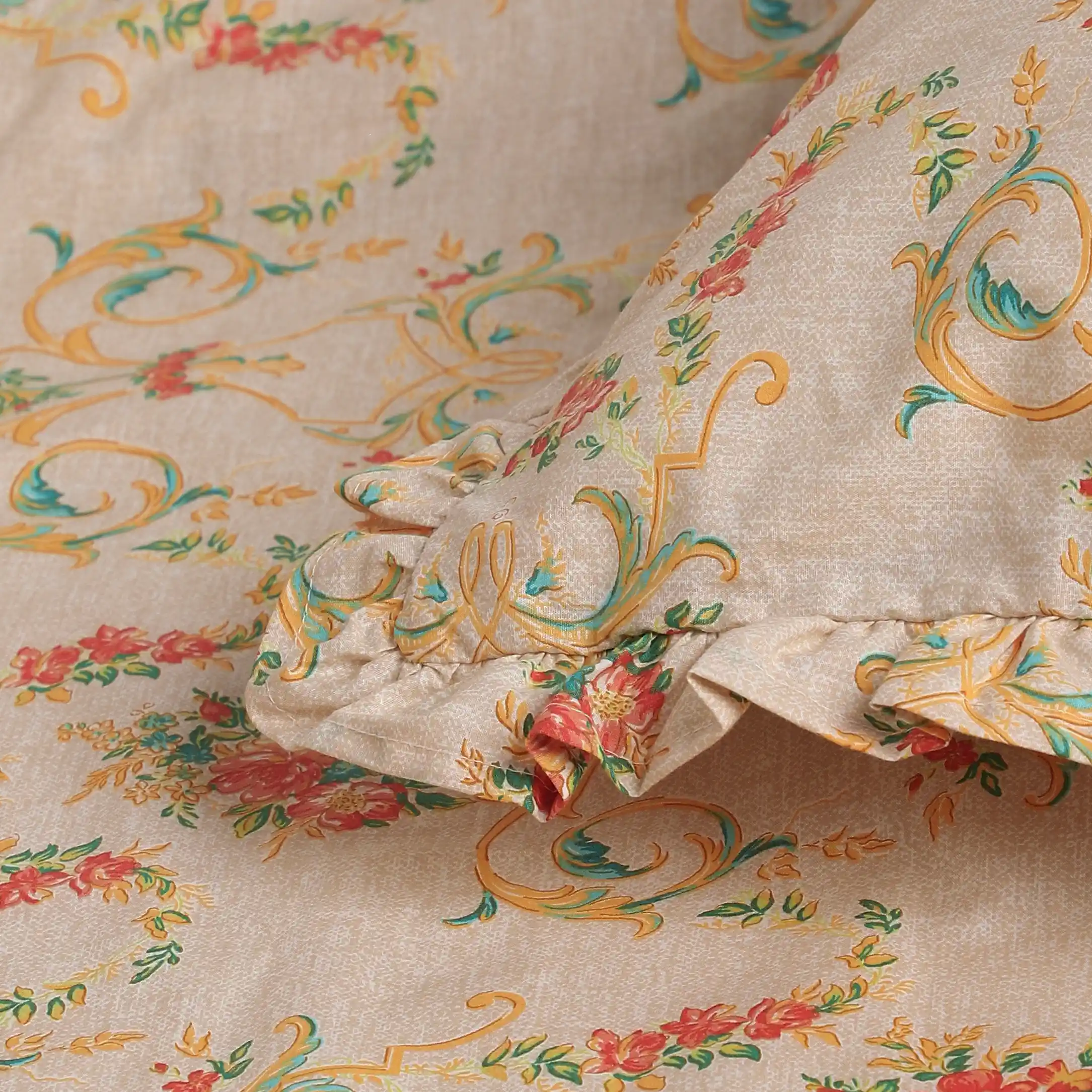Bloomshire Luxe | Romantic Flora Printed Cotton Bedsheet Set | Pillow Cover with Frills-Multicolour - Image 10