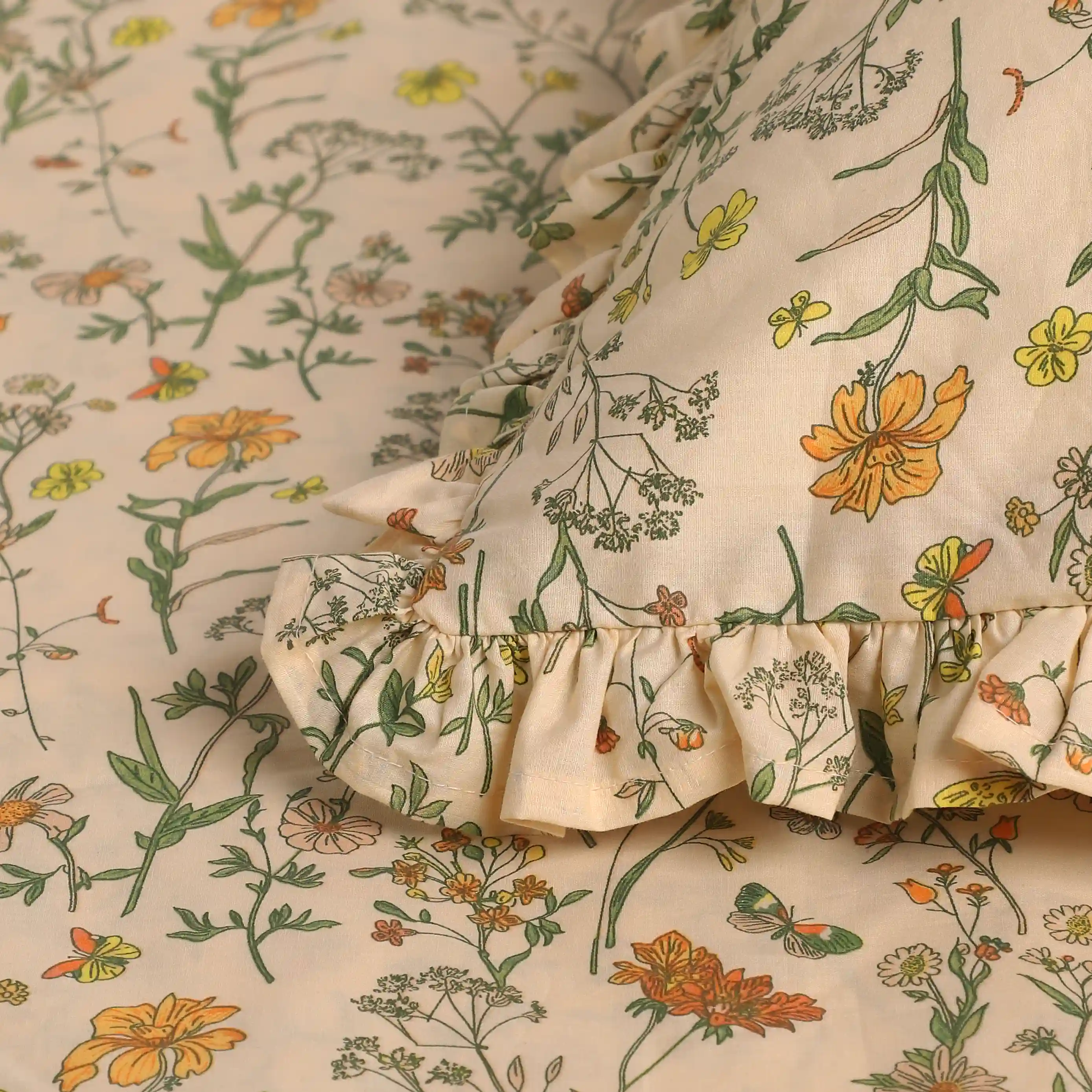 Bloomshire Luxe | Romantic Flora Printed Cotton Bedsheet Set | Pillow Cover with Frills-Mustard - Image 10