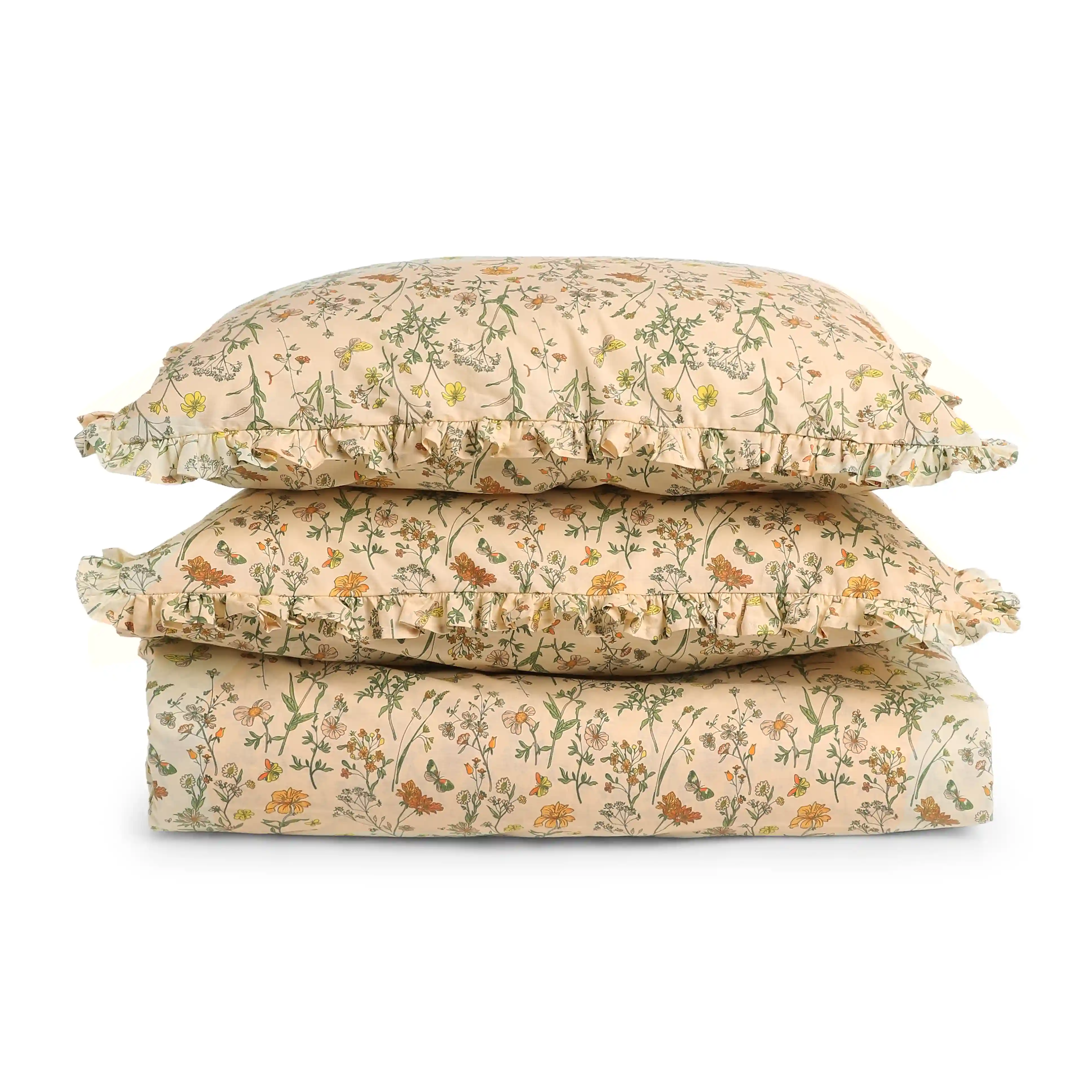 Bloomshire Luxe | Romantic Flora Printed Cotton Bedsheet Set | Pillow Cover with Frills-Mustard - Image 14