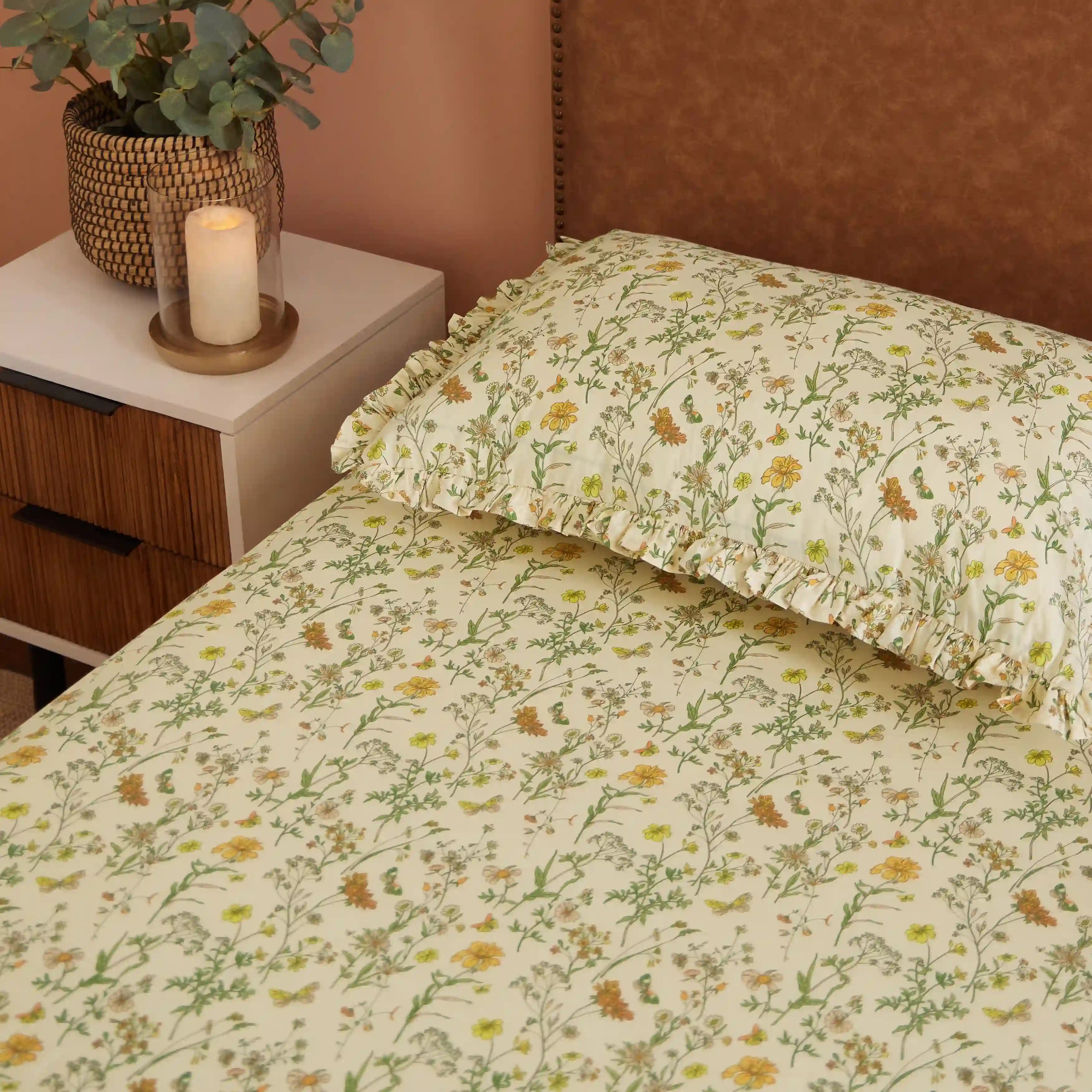 Bloomshire Luxe | Romantic Flora Printed Cotton Bedsheet Set | Pillow Cover with Frills-Mustard - Image 2