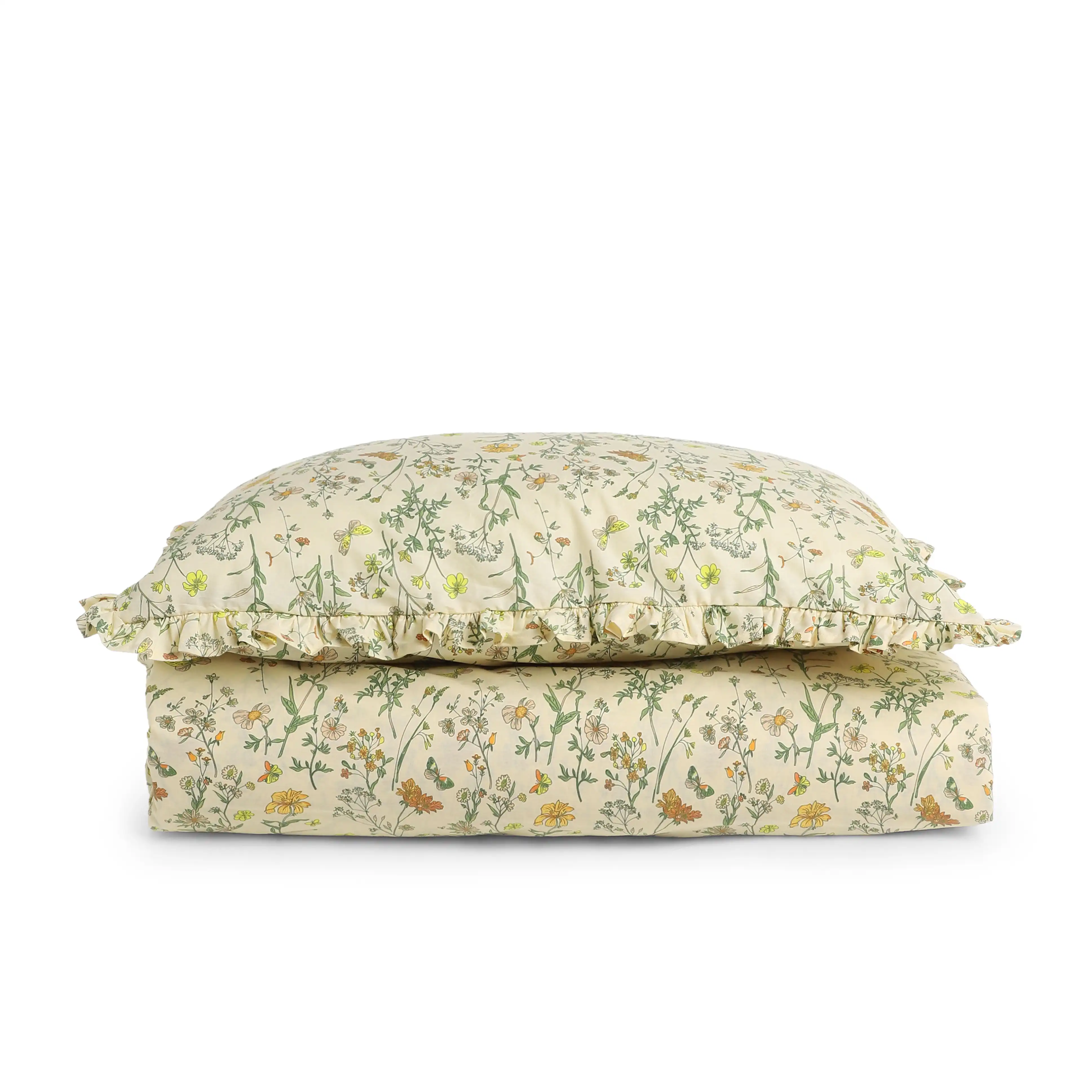 Bloomshire Luxe | Romantic Flora Printed Cotton Bedsheet Set | Pillow Cover with Frills-Mustard - Image 4