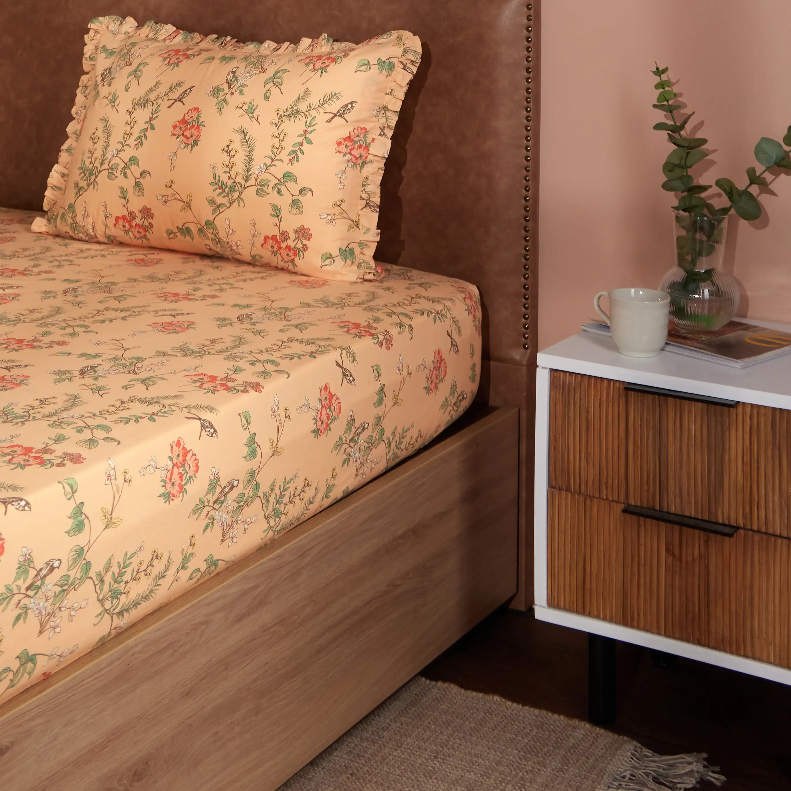 Bloomshire Luxe | Romantic Flora Printed Cotton Bedsheet Set | Pillow Cover with Frills-Peach