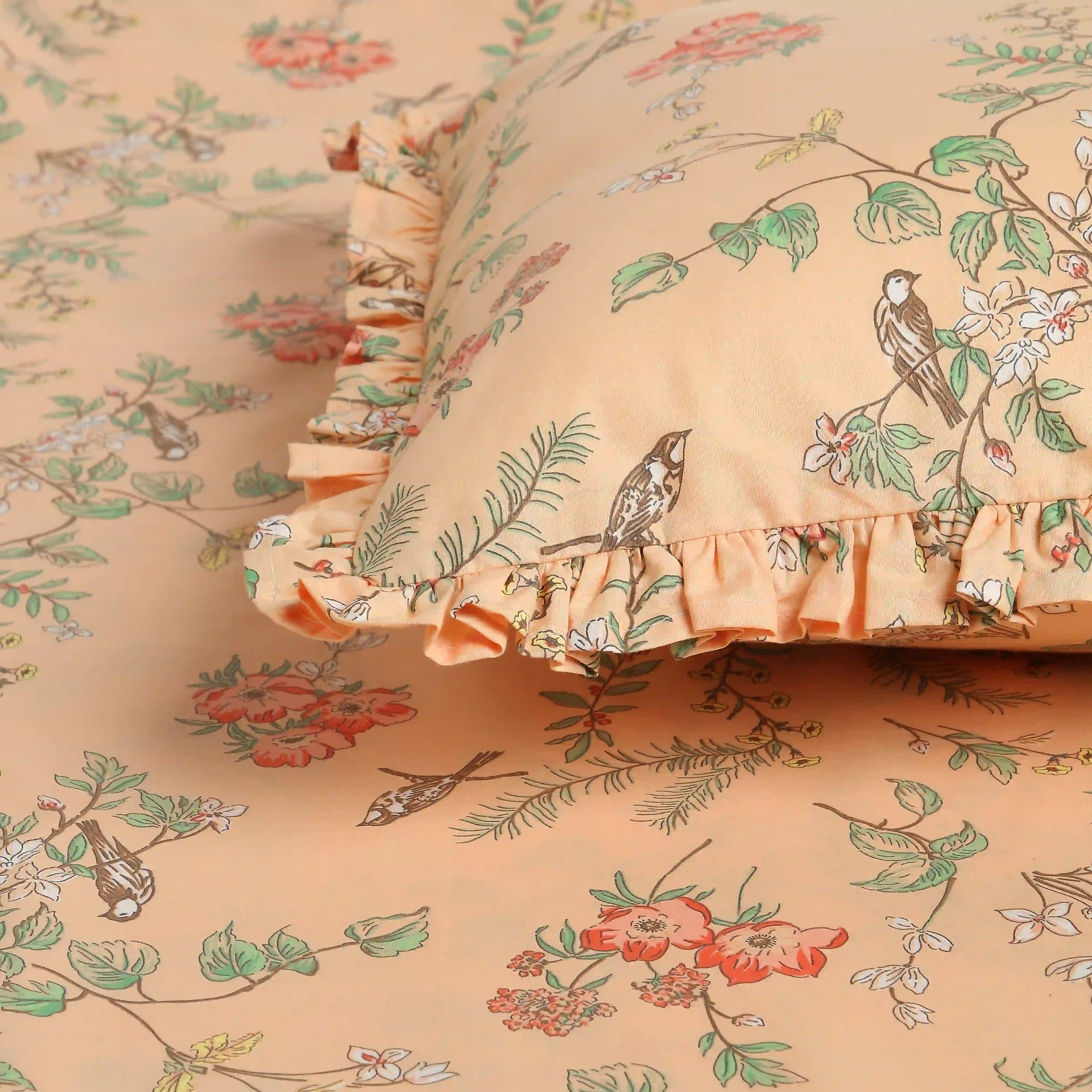 Bloomshire Luxe | Romantic Flora Printed Cotton Bedsheet Set | Pillow Cover with Frills-Peach - Image 10