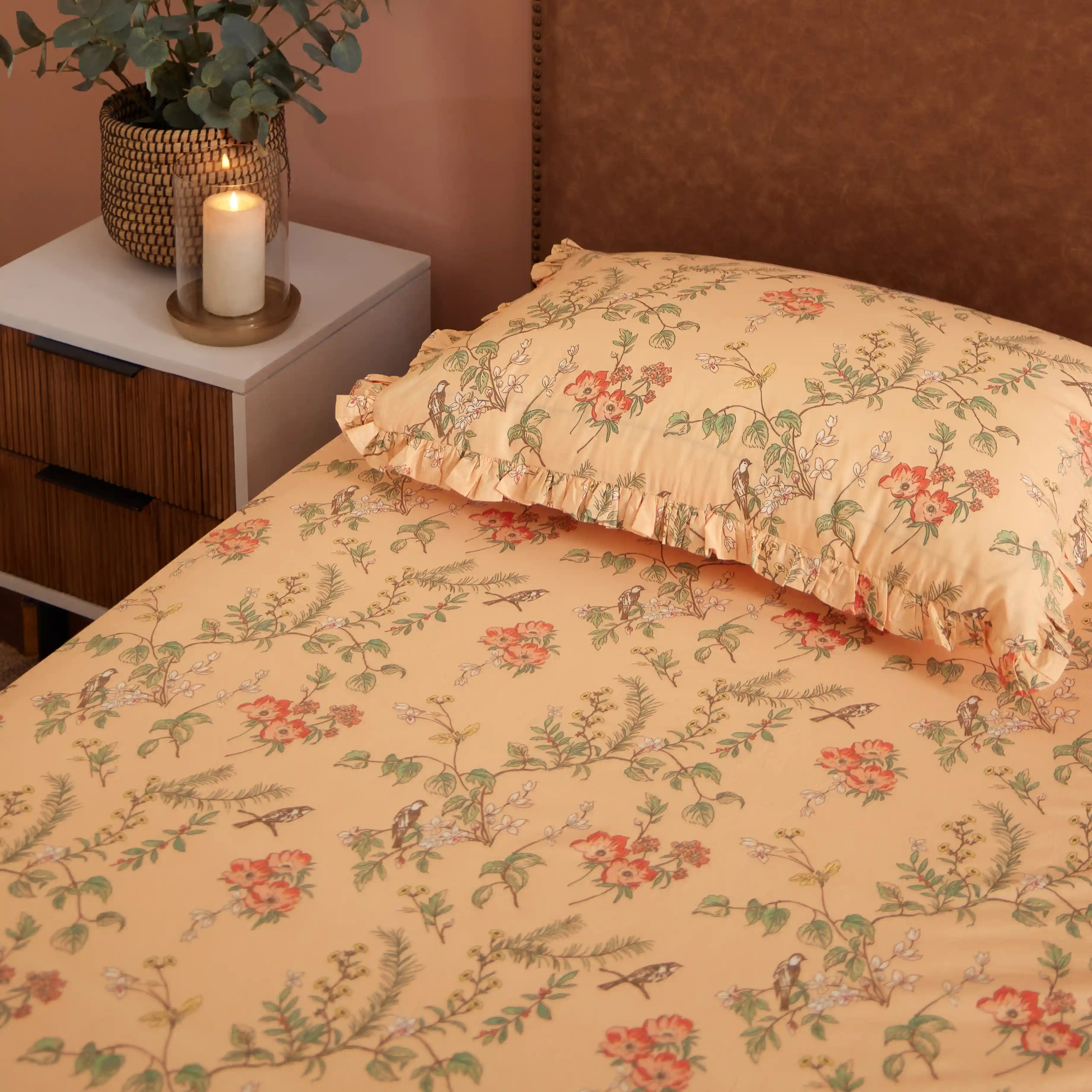 Bloomshire Luxe | Romantic Flora Printed Cotton Bedsheet Set | Pillow Cover with Frills-Peach - Image 2