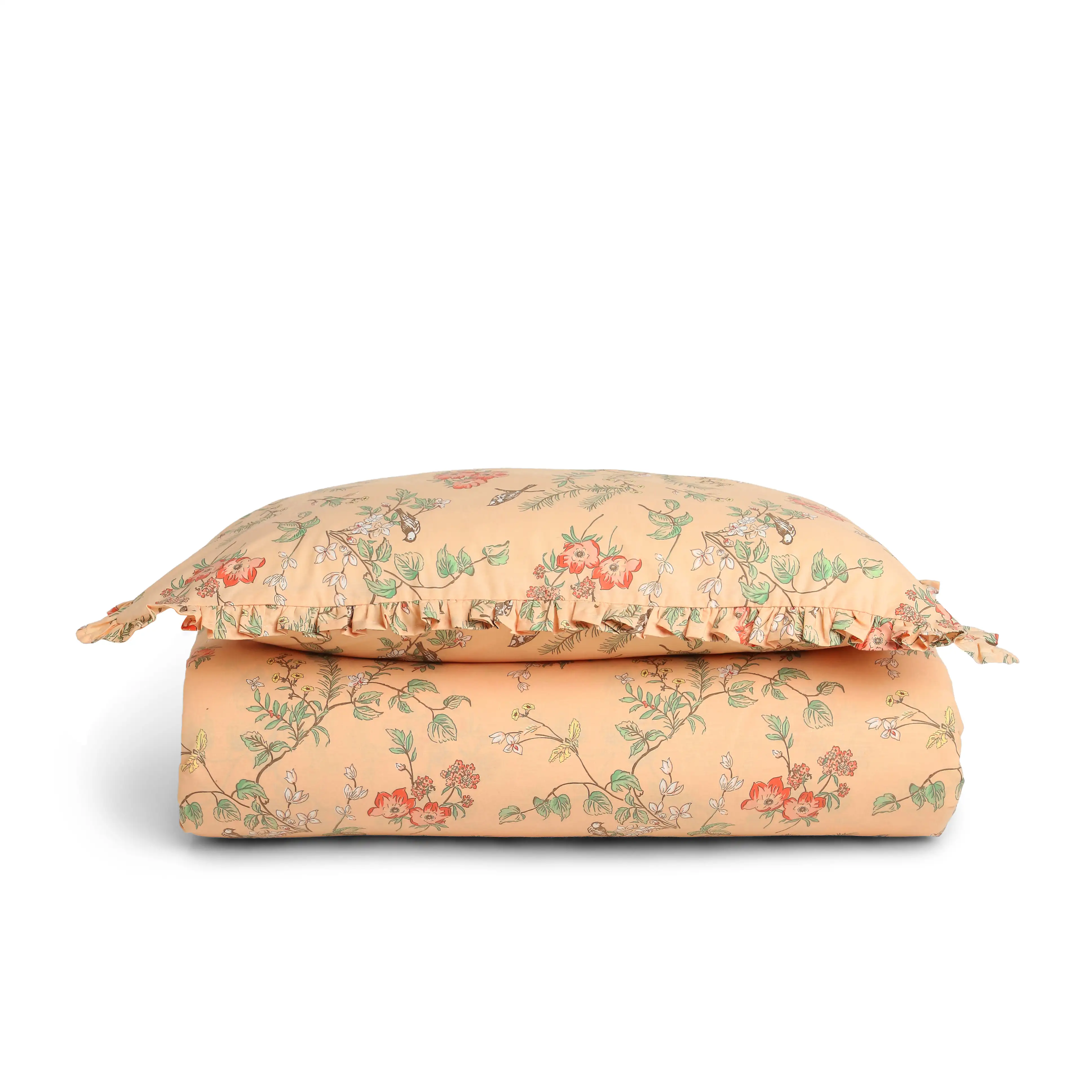 Bloomshire Luxe | Romantic Flora Printed Cotton Bedsheet Set | Pillow Cover with Frills-Peach - Image 4