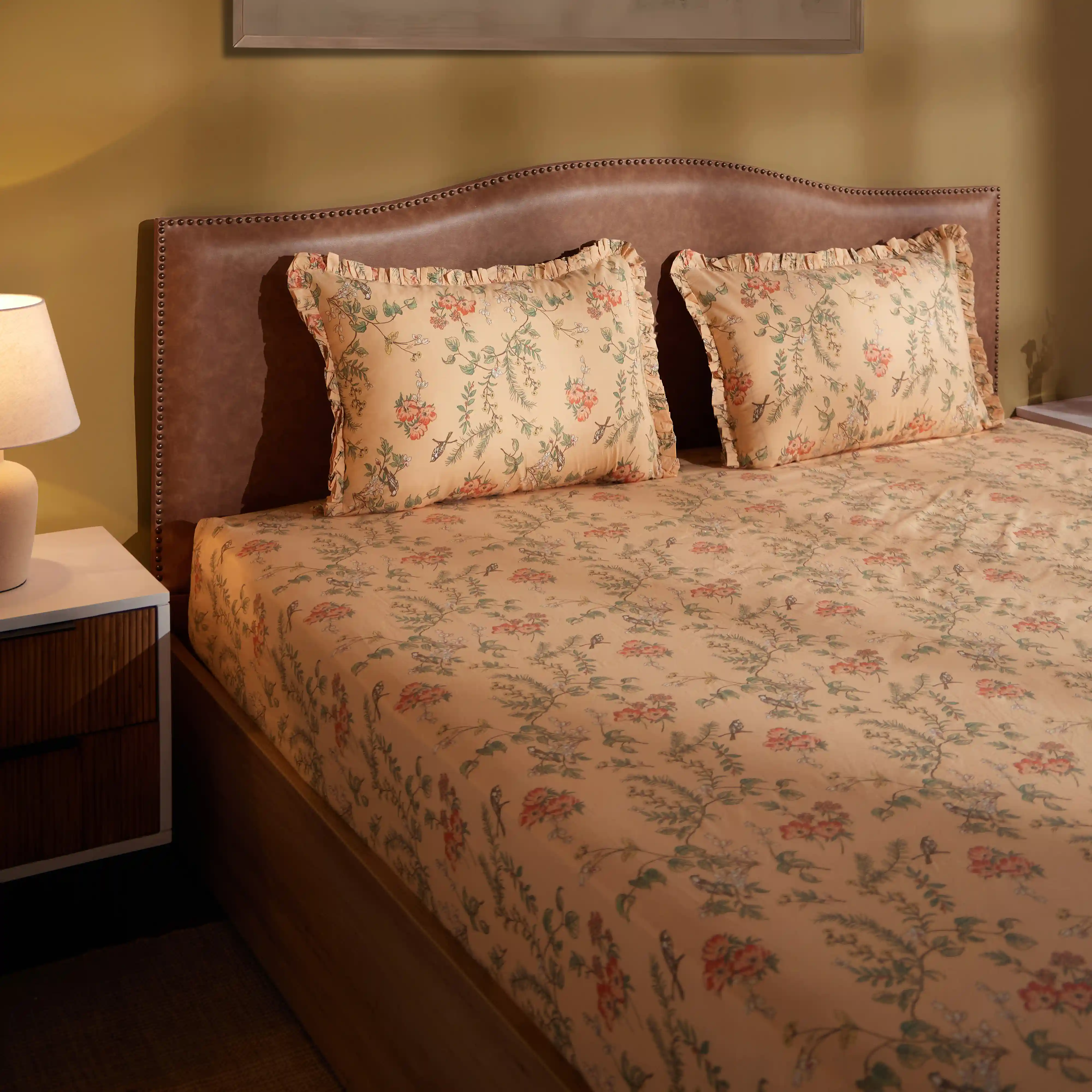 Bloomshire Luxe | Romantic Flora Printed Cotton Bedsheet Set | Pillow Cover with Frills-Peach - Image 6