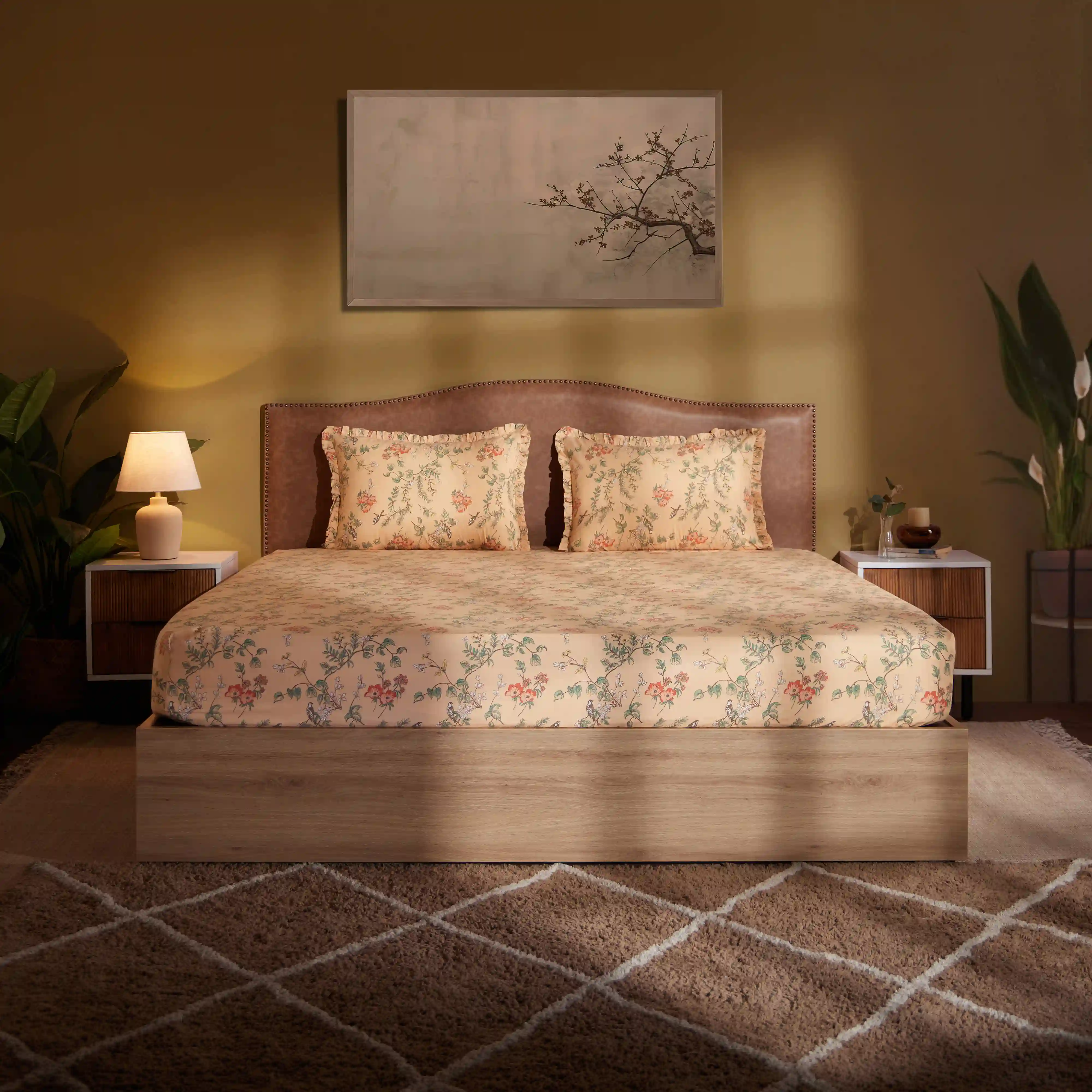 Bloomshire Luxe | Romantic Flora Printed Cotton Bedsheet Set | Pillow Cover with Frills-Peach - Image 7