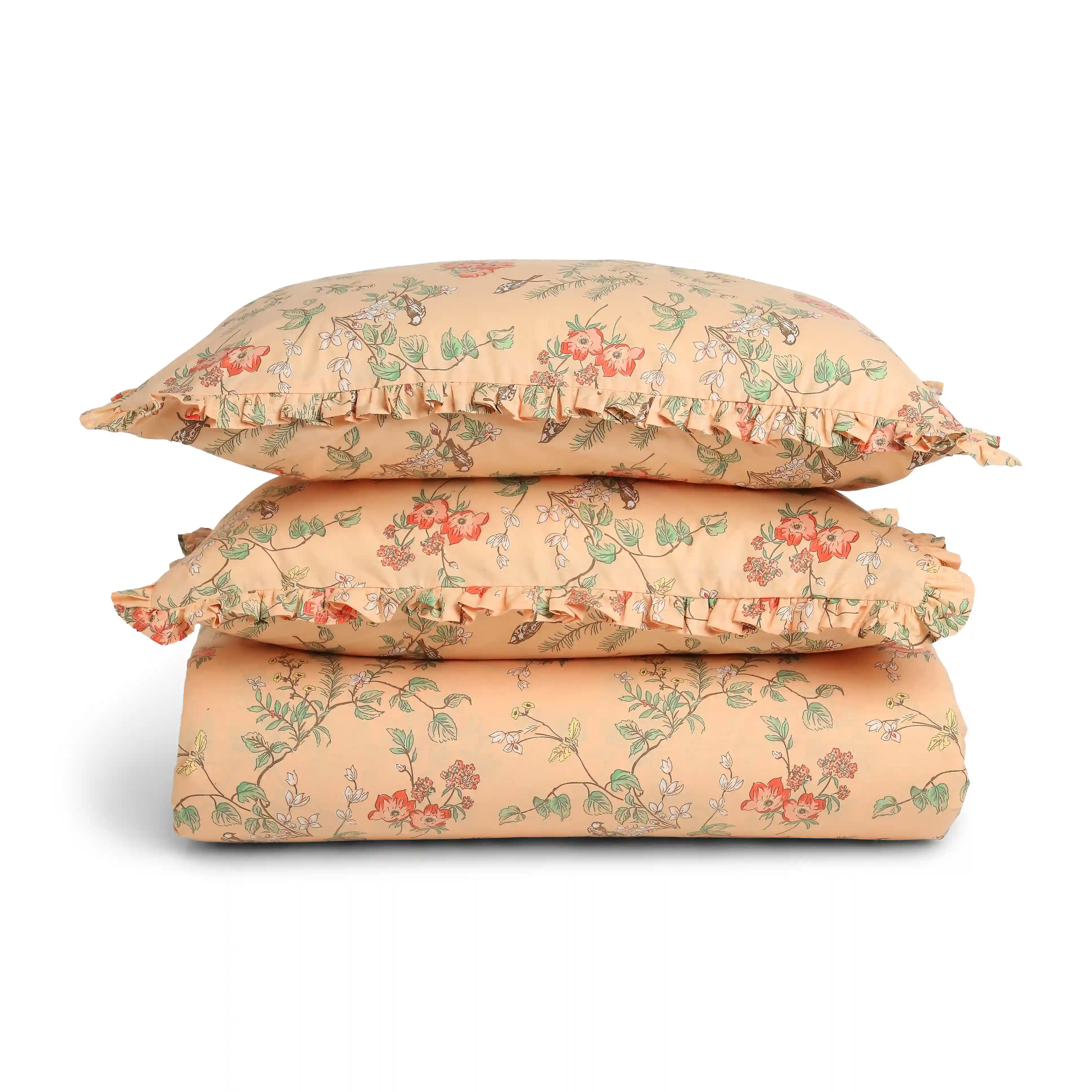 Bloomshire Luxe | Romantic Flora Printed Cotton Bedsheet Set | Pillow Cover with Frills-Peach - Image 9