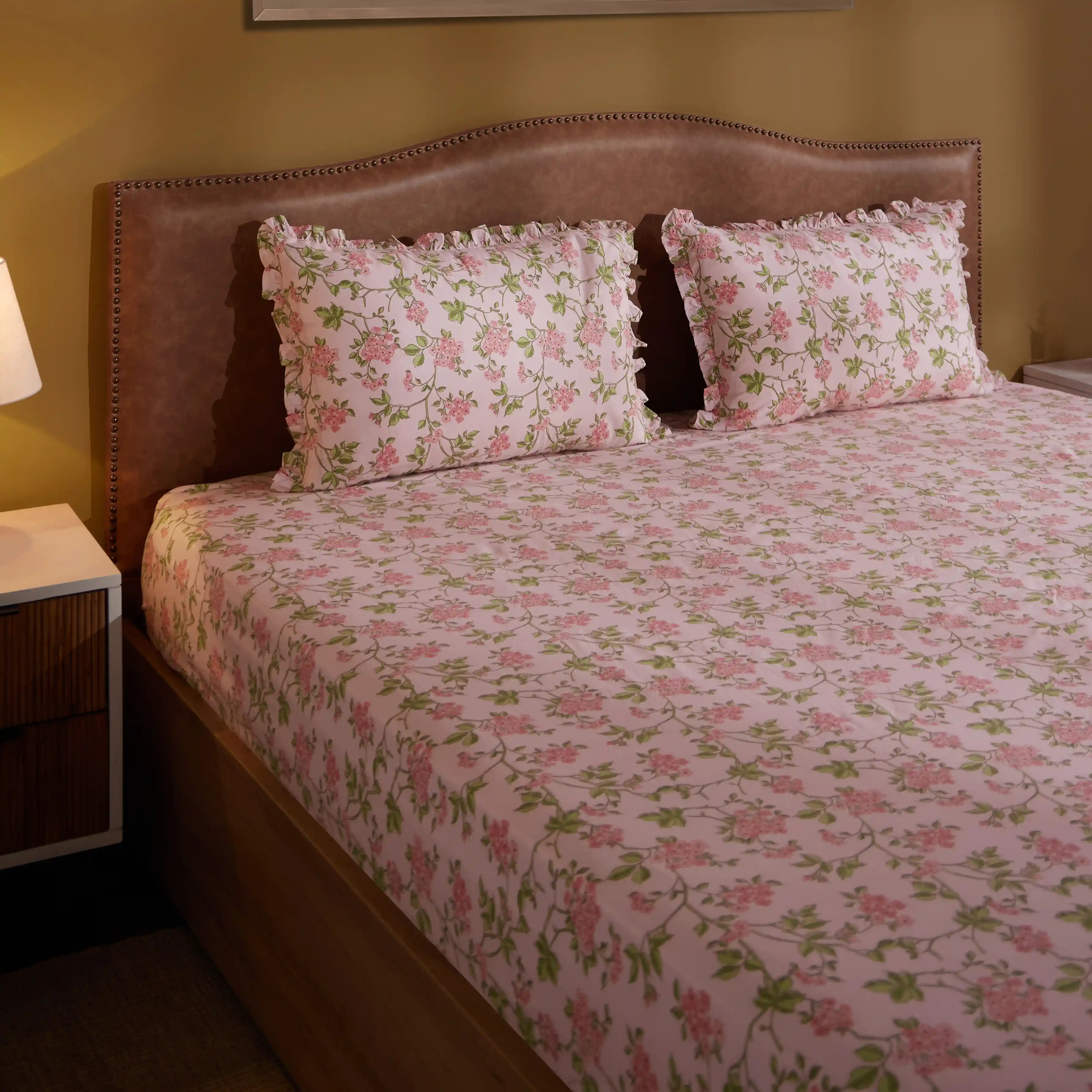 Bloomshire Luxe | Romantic Flora Printed Cotton Bedsheet Set | Pillow Cover with Frills-Pink - Image 11