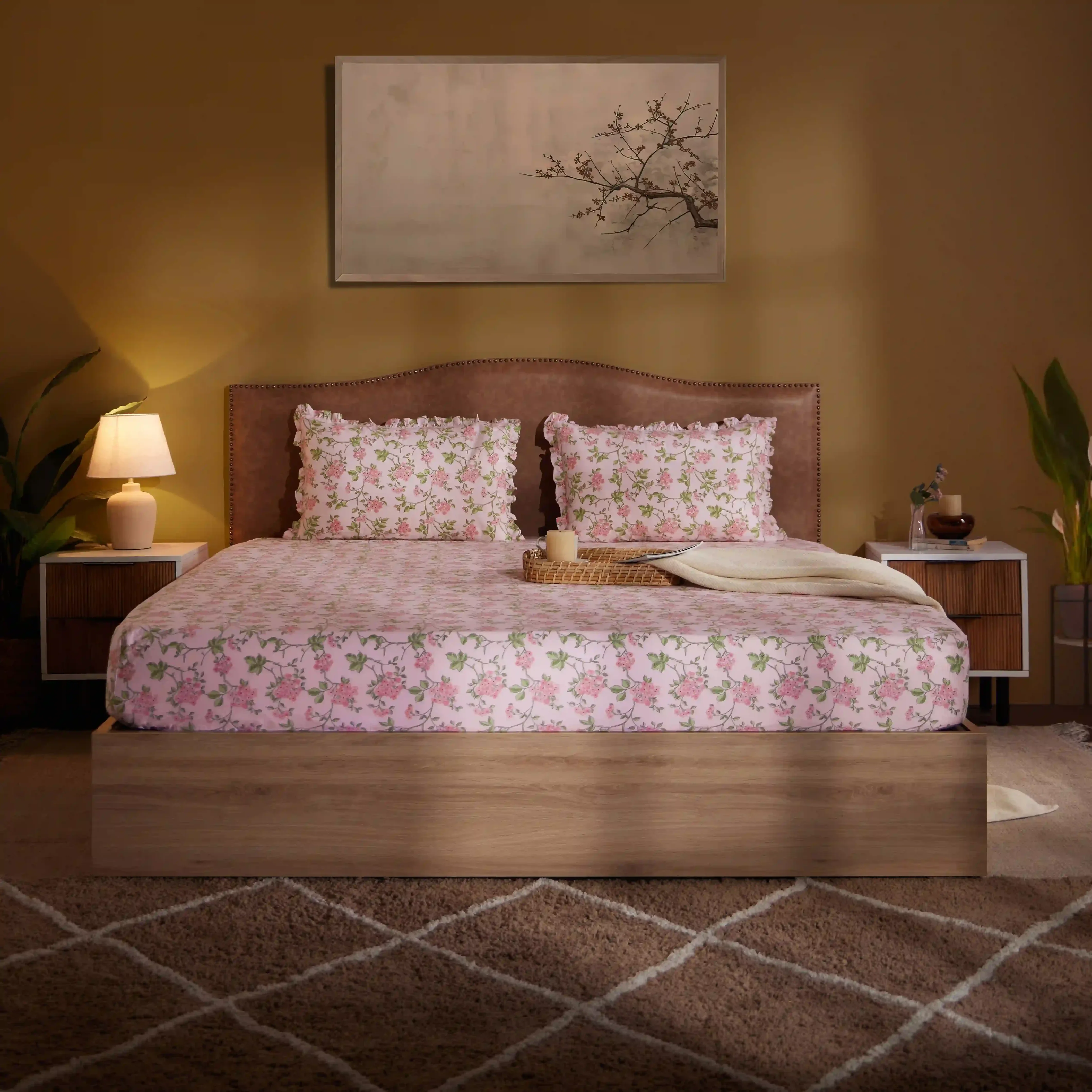 Bloomshire Luxe | Romantic Flora Printed Cotton Bedsheet Set | Pillow Cover with Frills-Pink - Image 12