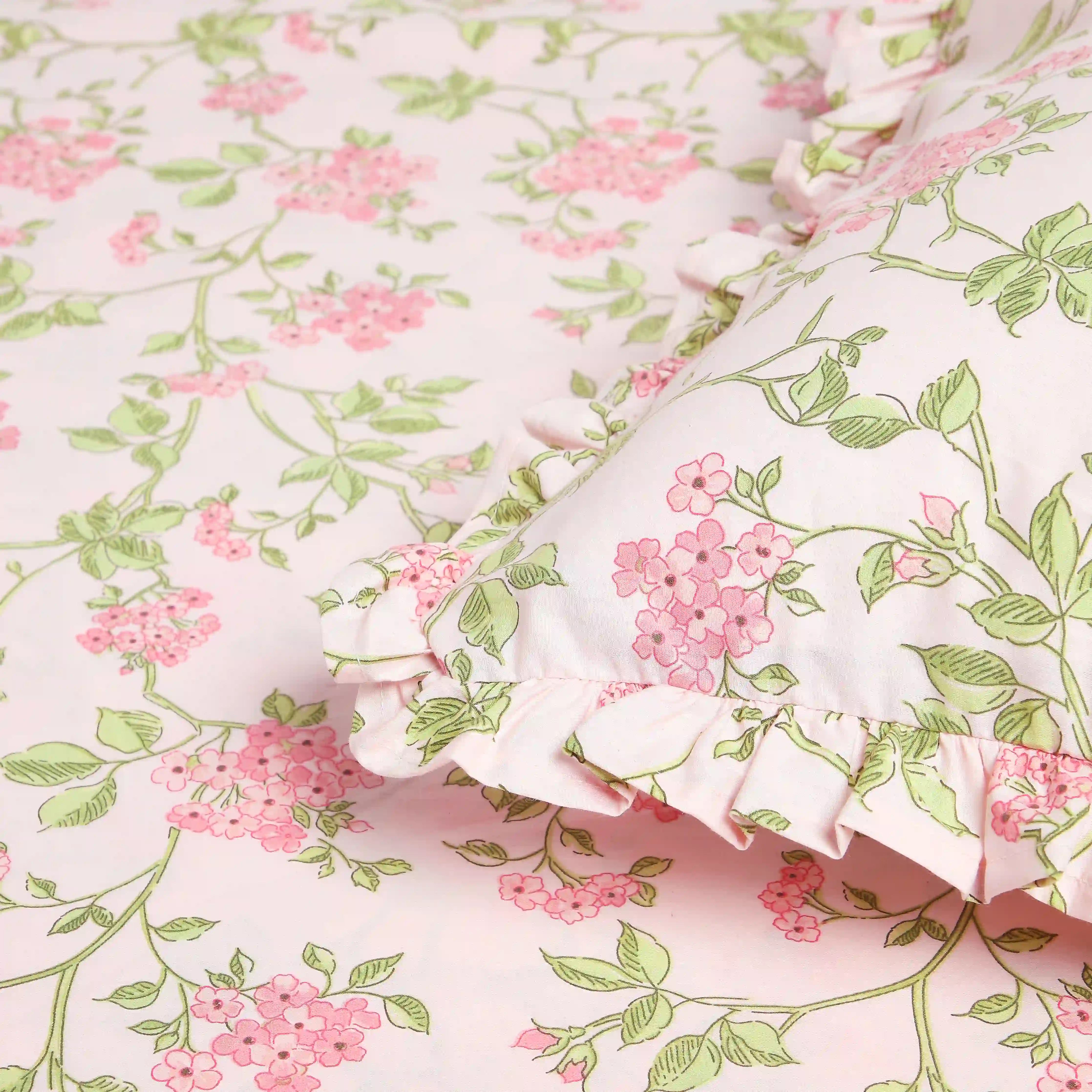 Bloomshire Luxe | Romantic Flora Printed Cotton Bedsheet Set | Pillow Cover with Frills-Pink - Image 15