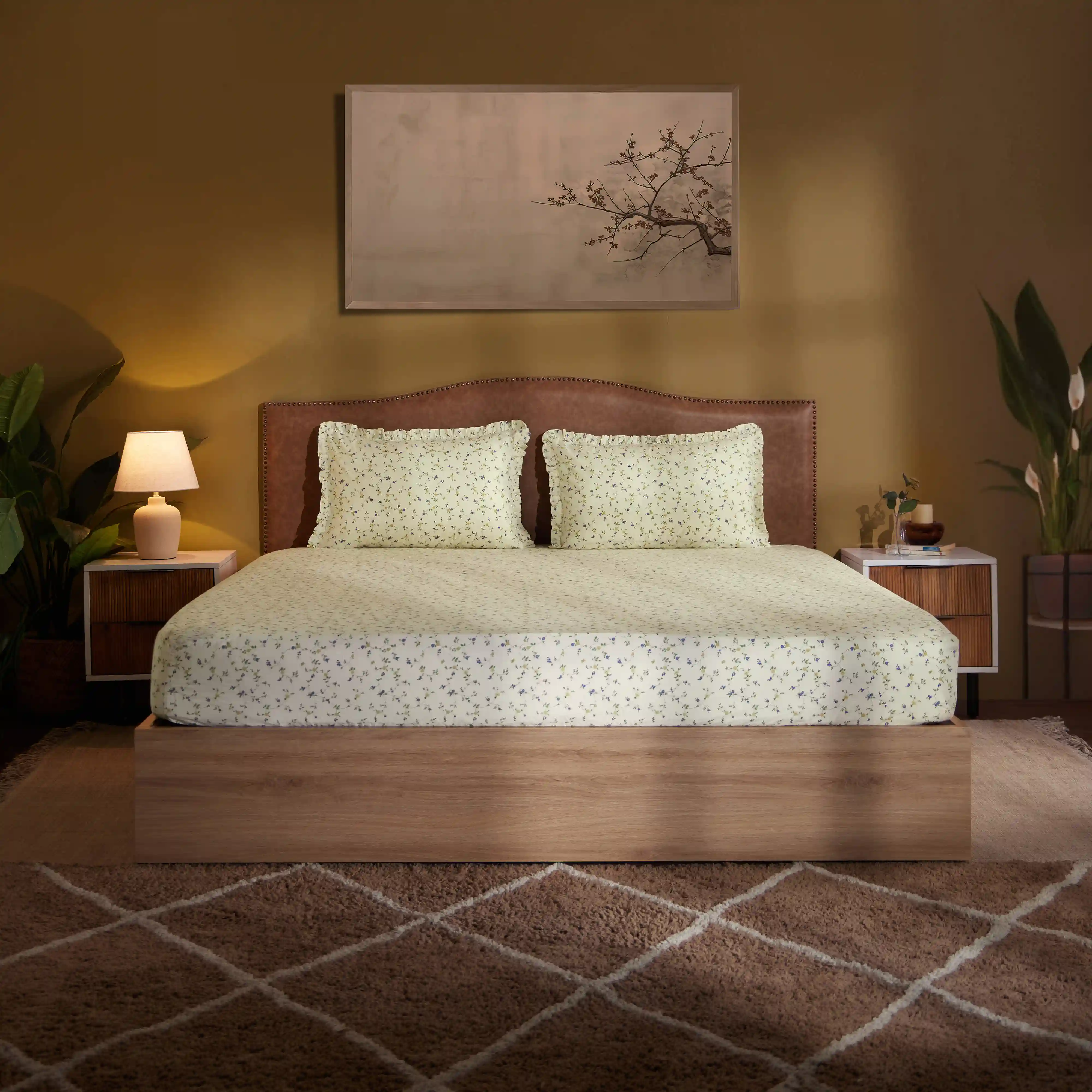 Bloomshire Luxe | Romantic Flora Printed Cotton Fitted Sheet Set | Pillow Cover with Frills-Cream Bloom - Image 2