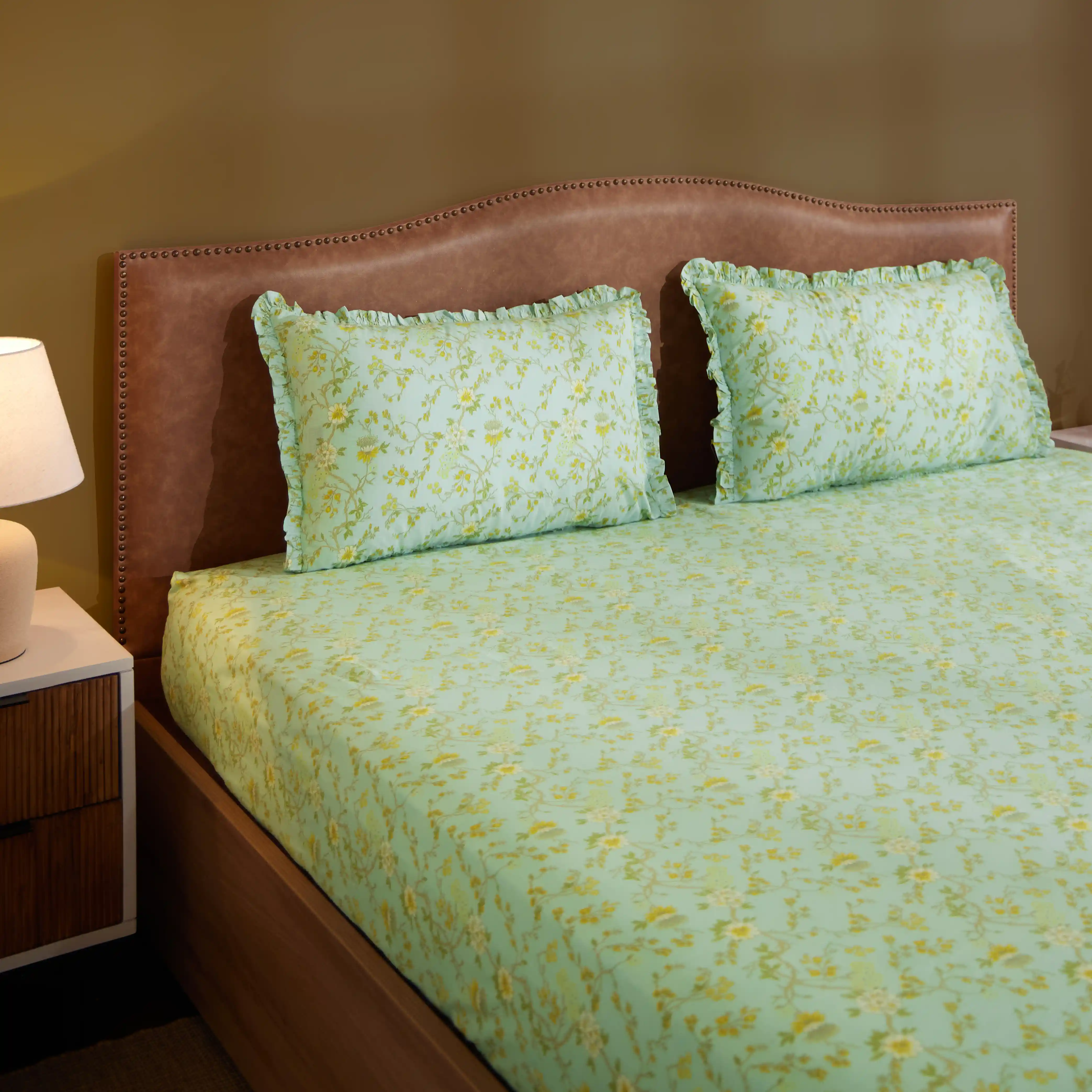 Bloomshire Luxe | Romantic Flora Printed Cotton Fitted Sheet Set | Pillow Cover with Frills-Light Blue
