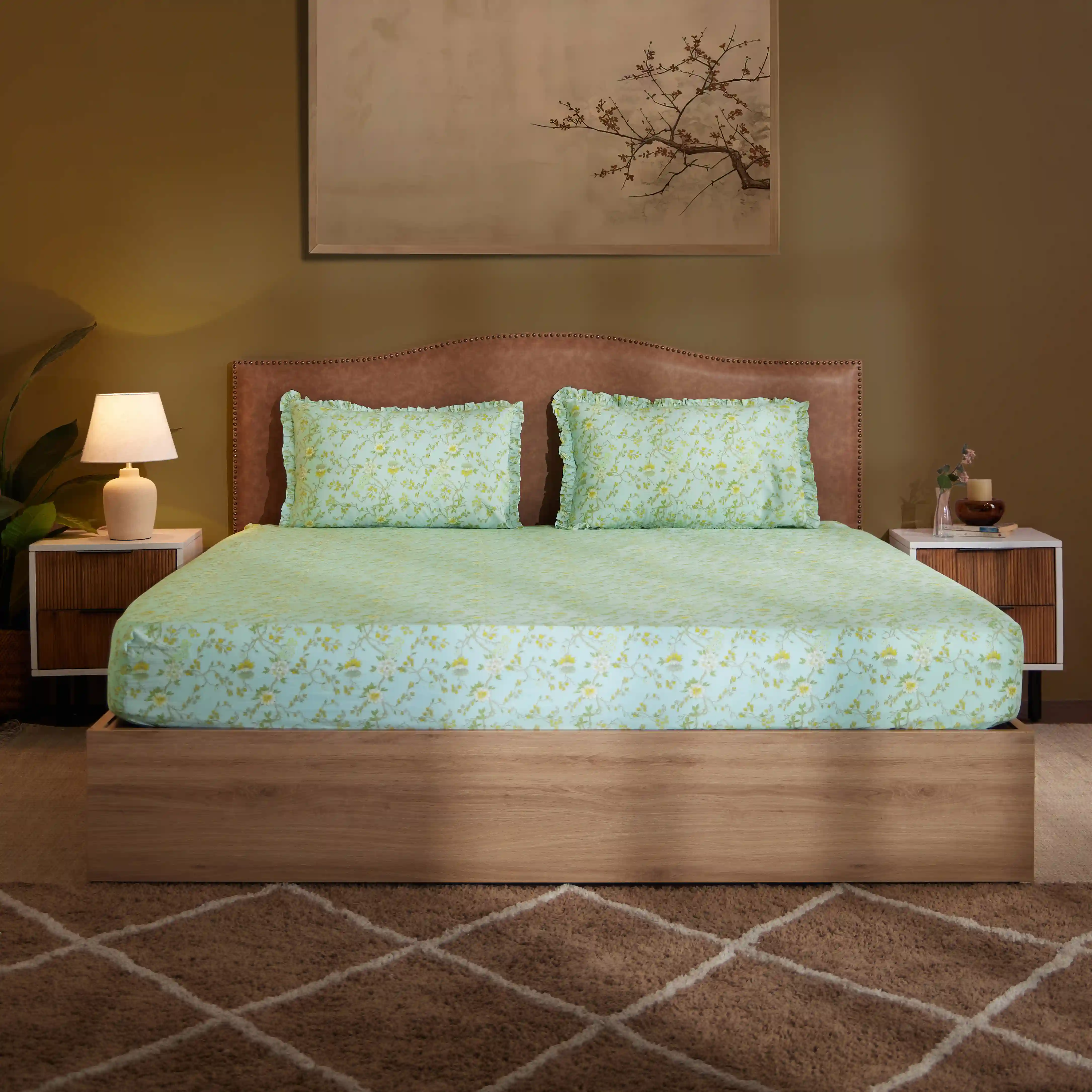 Bloomshire Luxe | Romantic Flora Printed Cotton Fitted Sheet Set | Pillow Cover with Frills-Light Blue - Image 2