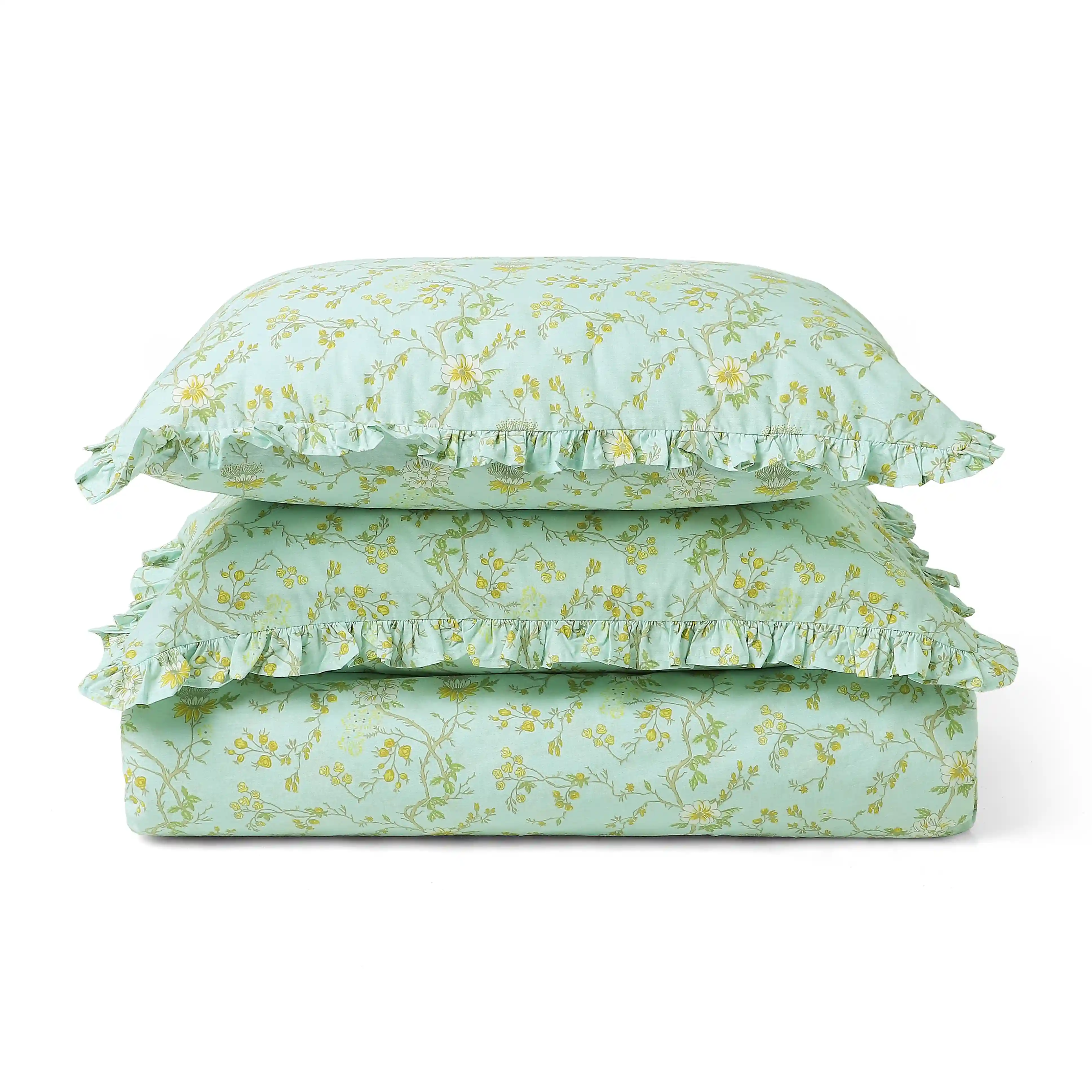 Bloomshire Luxe | Romantic Flora Printed Cotton Fitted Sheet Set | Pillow Cover with Frills-Light Blue - Image 5