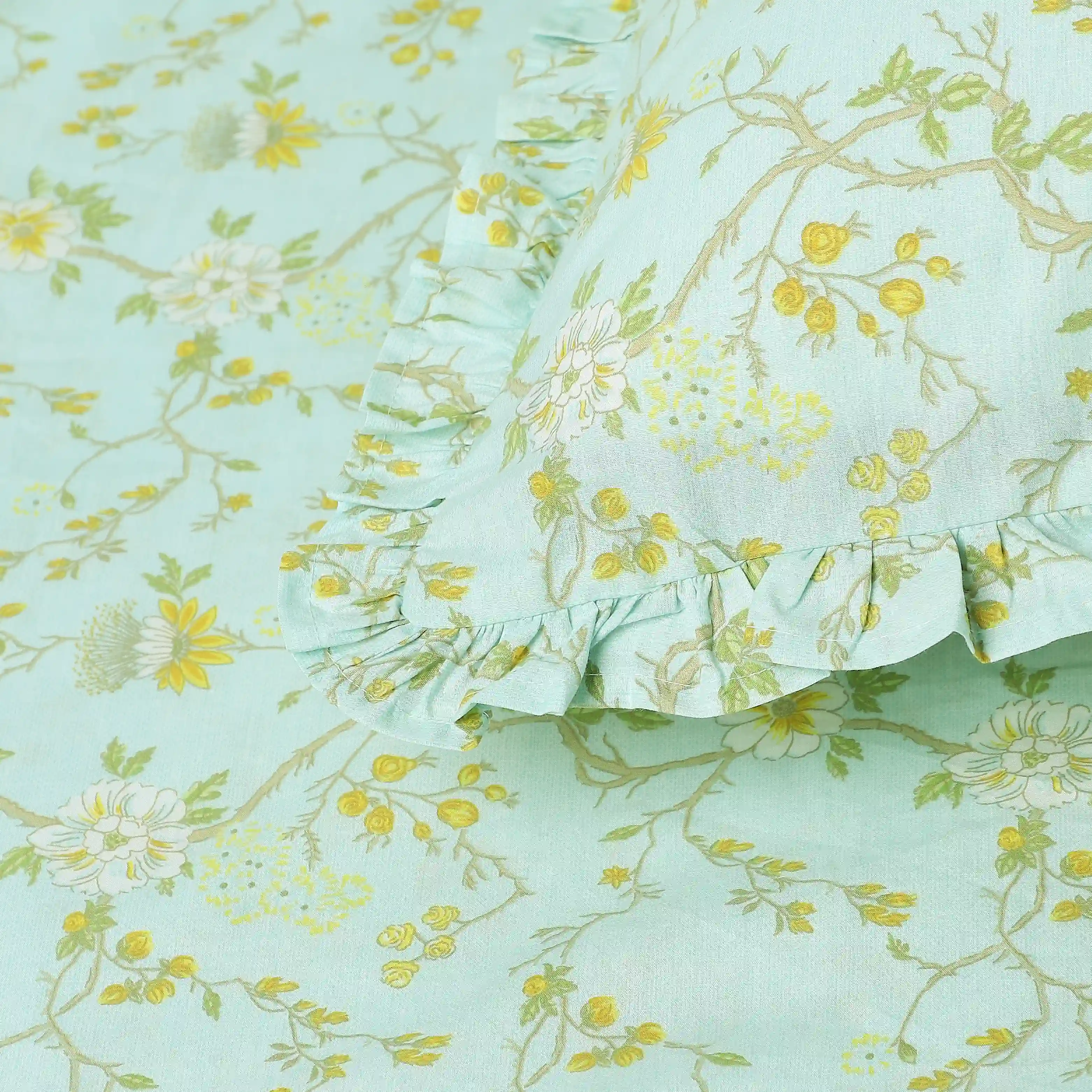 Bloomshire Luxe | Romantic Flora Printed Cotton Fitted Sheet Set | Pillow Cover with Frills-Light Blue - Image 6