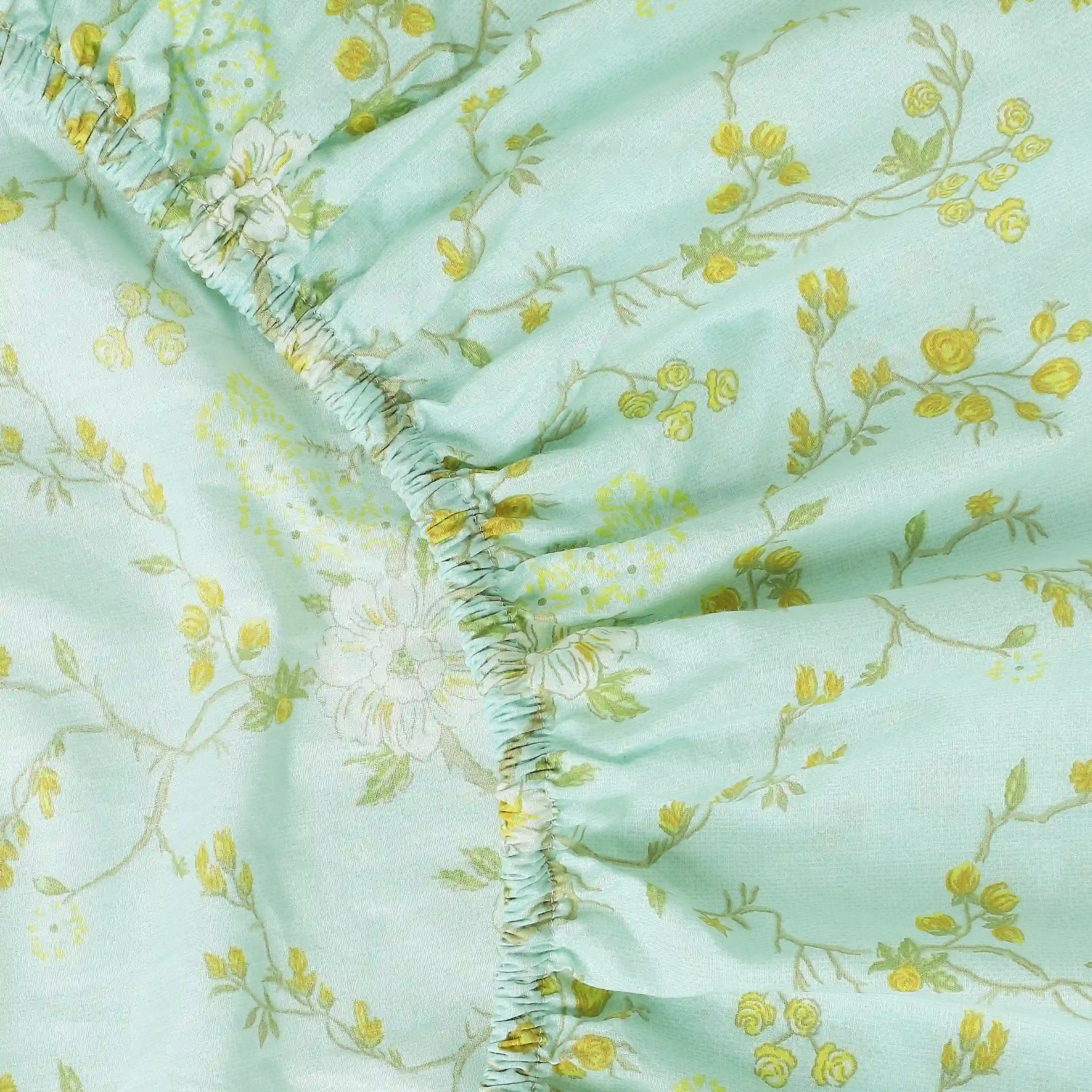 Bloomshire Luxe | Romantic Flora Printed Cotton Fitted Sheet Set | Pillow Cover with Frills-Light Blue - Image 7