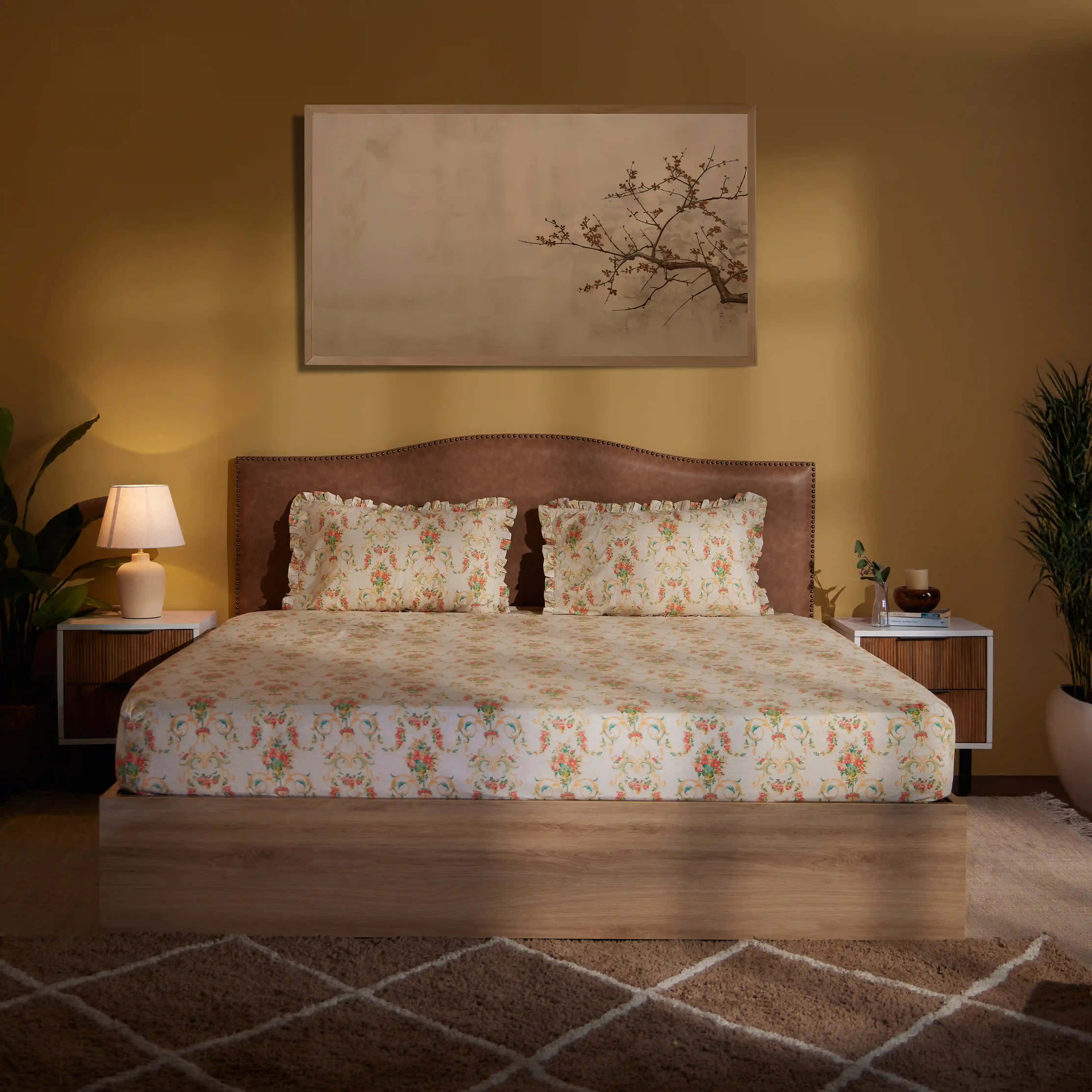 Bloomshire Luxe | Romantic Flora Printed Cotton Fitted Sheet Set | Pillow Cover with Frills-Multicolour - Image 2