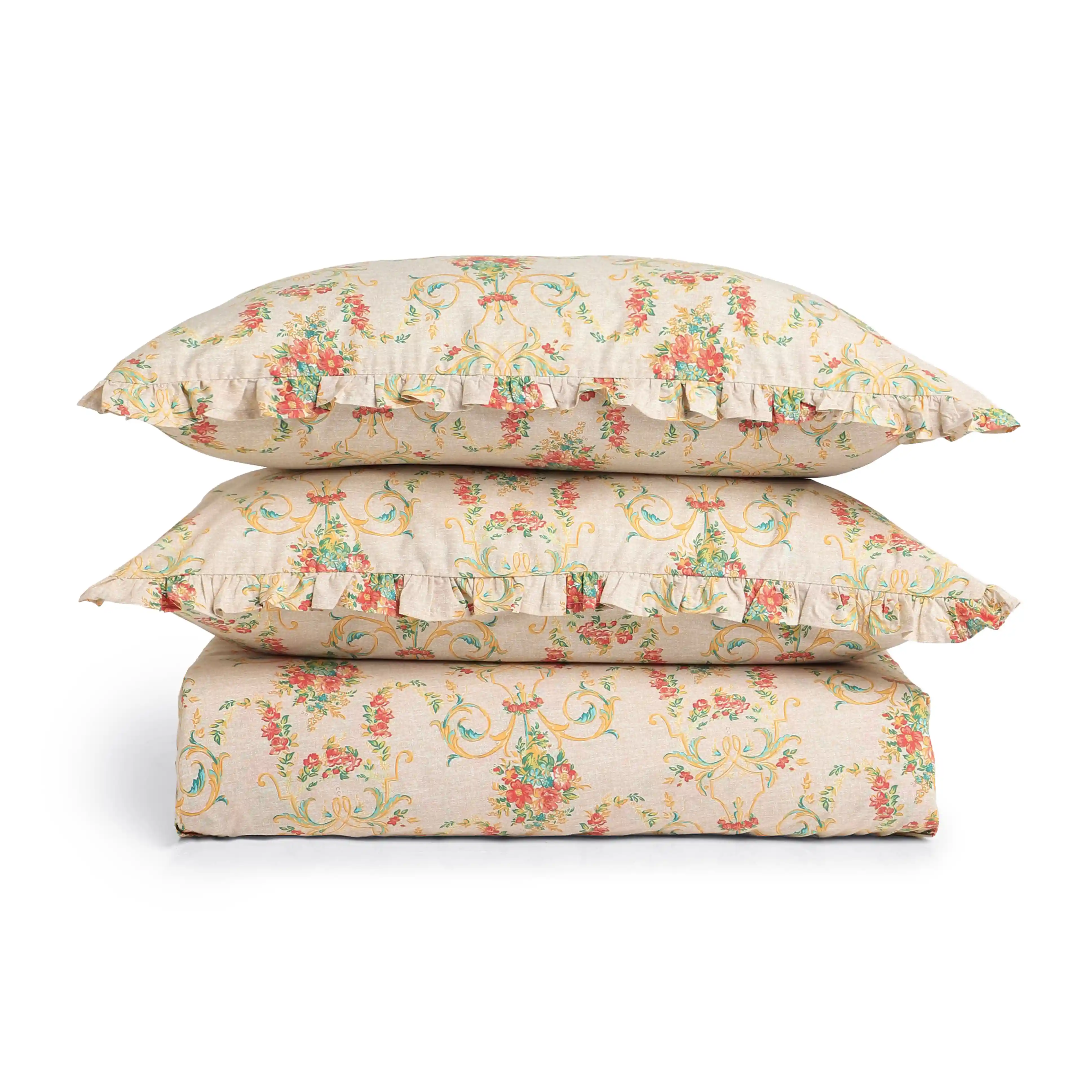 Bloomshire Luxe | Romantic Flora Printed Cotton Fitted Sheet Set | Pillow Cover with Frills-Multicolour - Image 5
