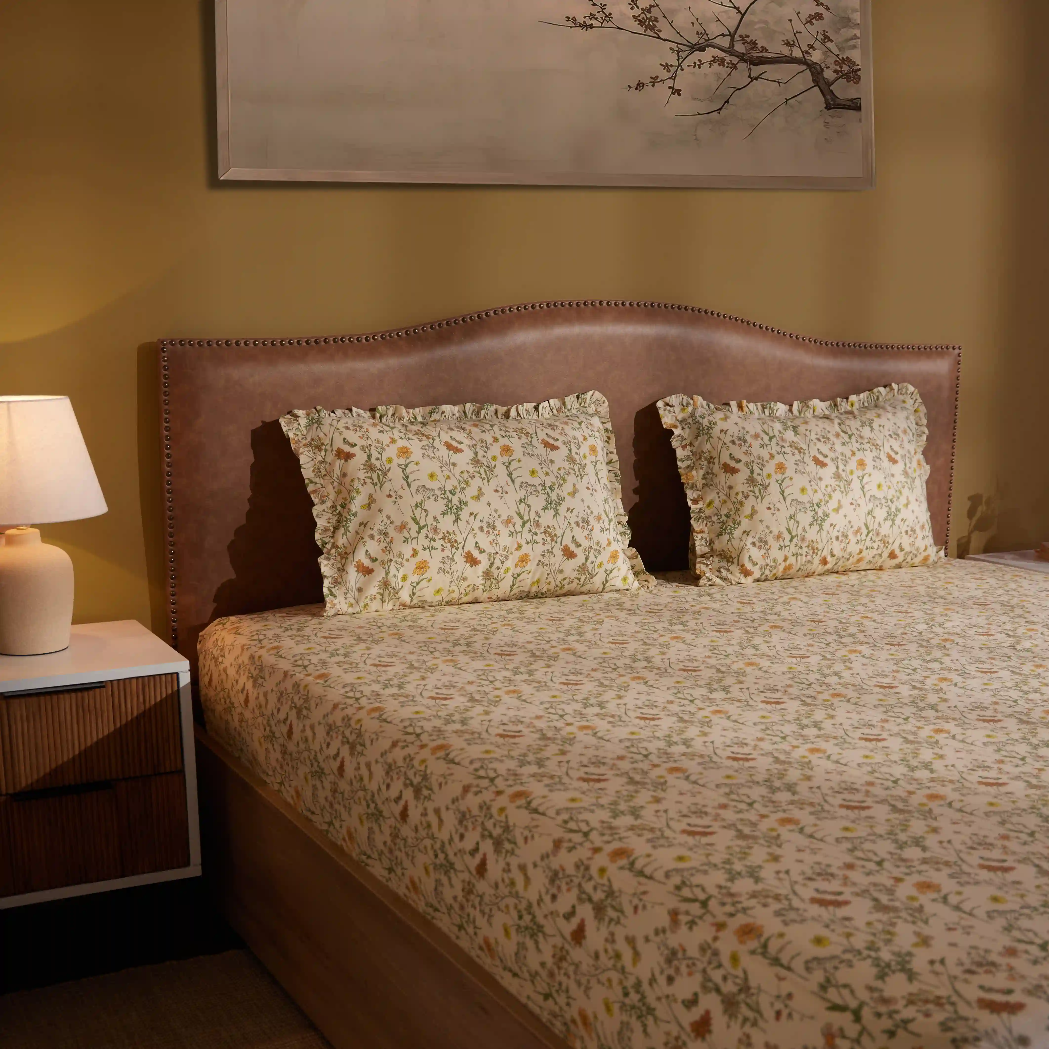 Bloomshire Luxe | Romantic Flora Printed Cotton Fitted Sheet Set | Pillow Cover with Frills-Mustard