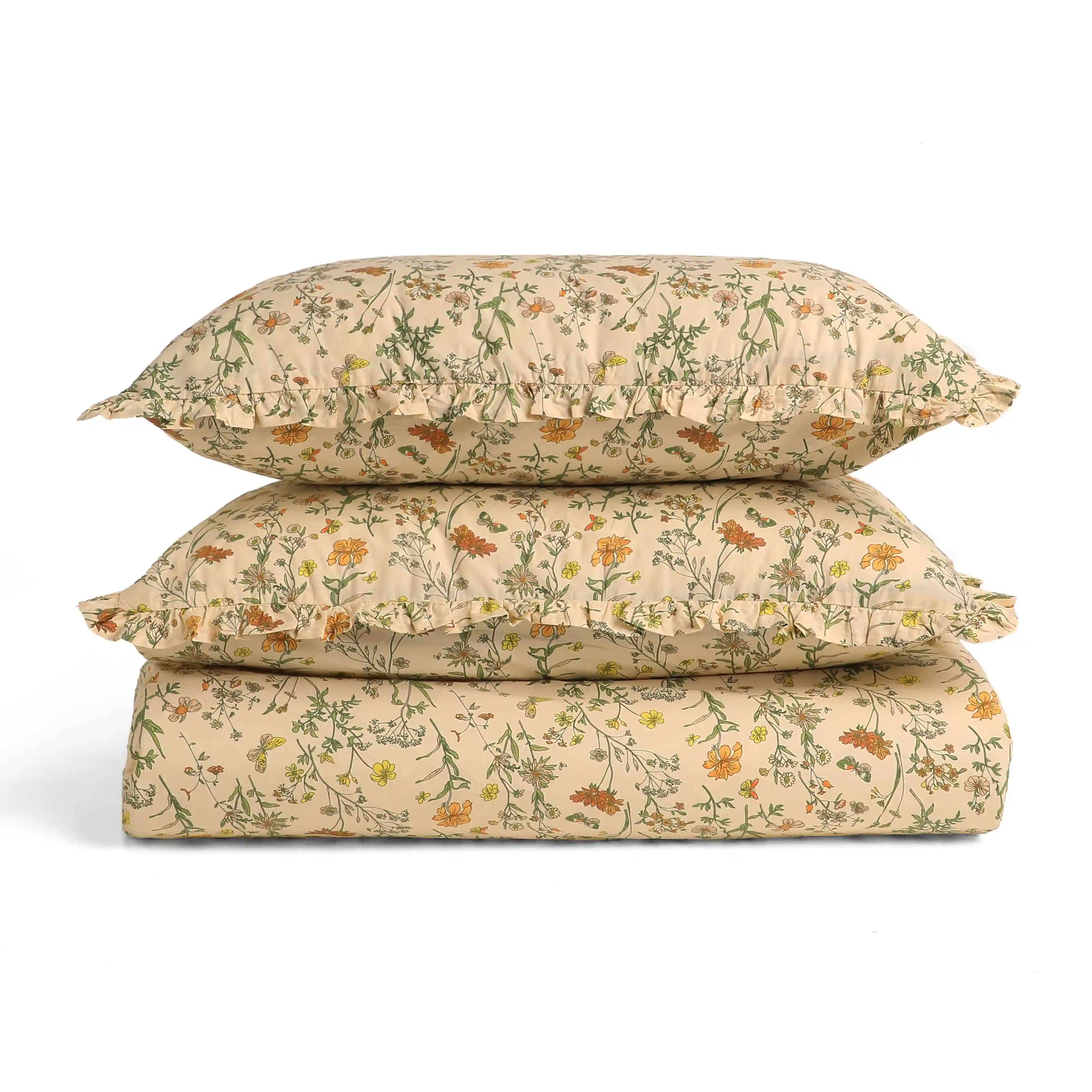 Bloomshire Luxe | Romantic Flora Printed Cotton Fitted Sheet Set | Pillow Cover with Frills-Mustard - Image 5