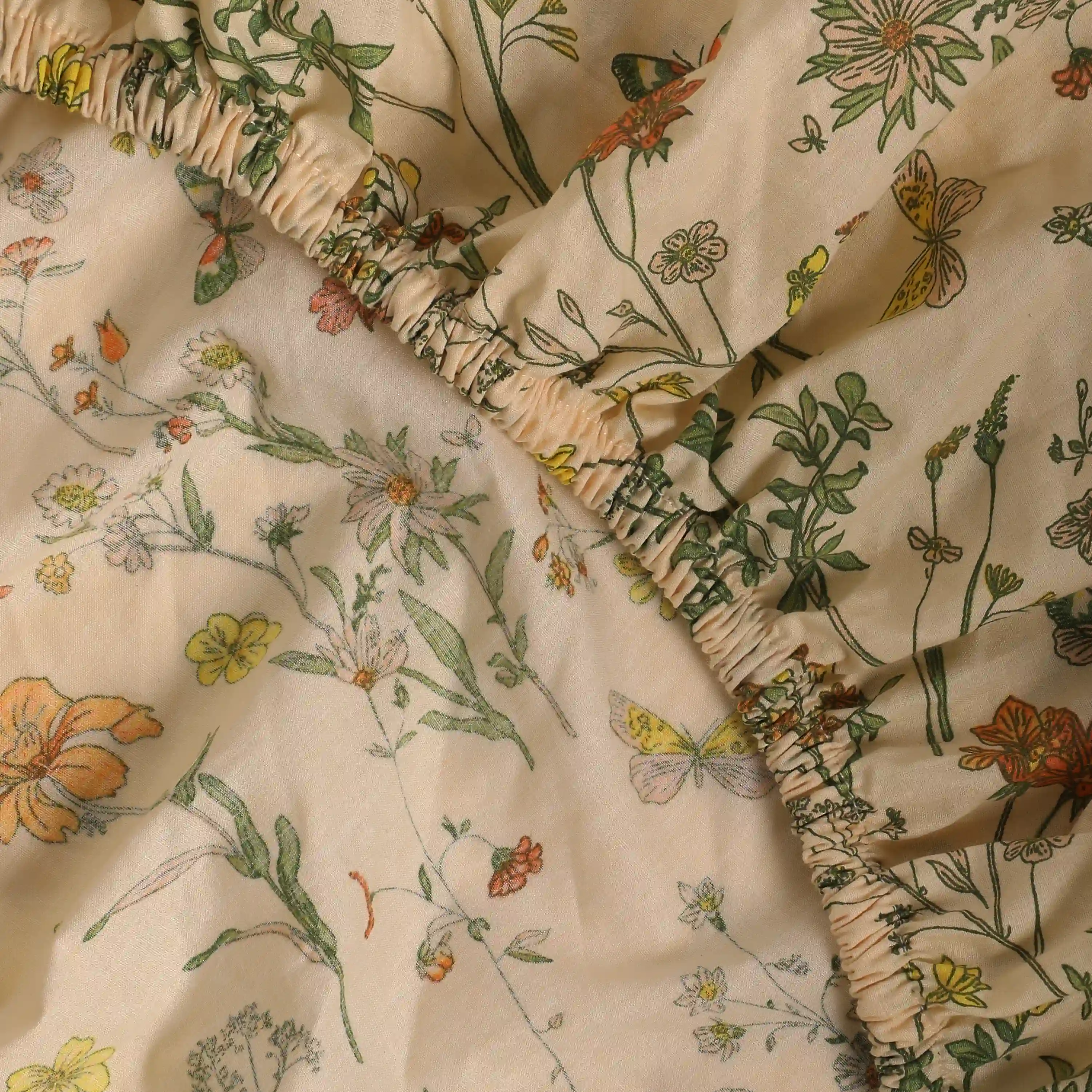 Bloomshire Luxe | Romantic Flora Printed Cotton Fitted Sheet Set | Pillow Cover with Frills-Mustard - Image 7