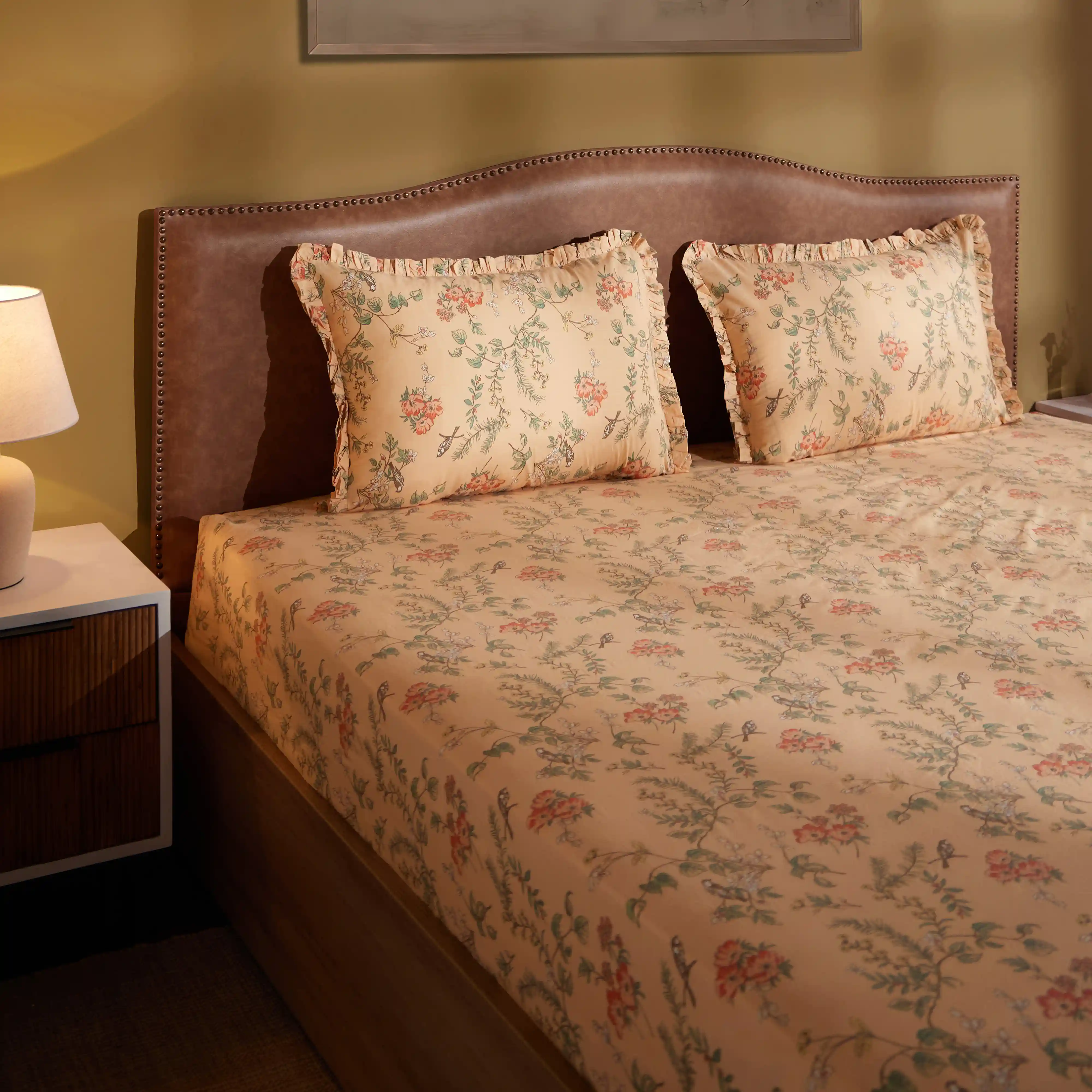 Bloomshire Luxe | Romantic Flora Printed Cotton Fitted Sheet Set | Pillow Cover with Frills-Peach