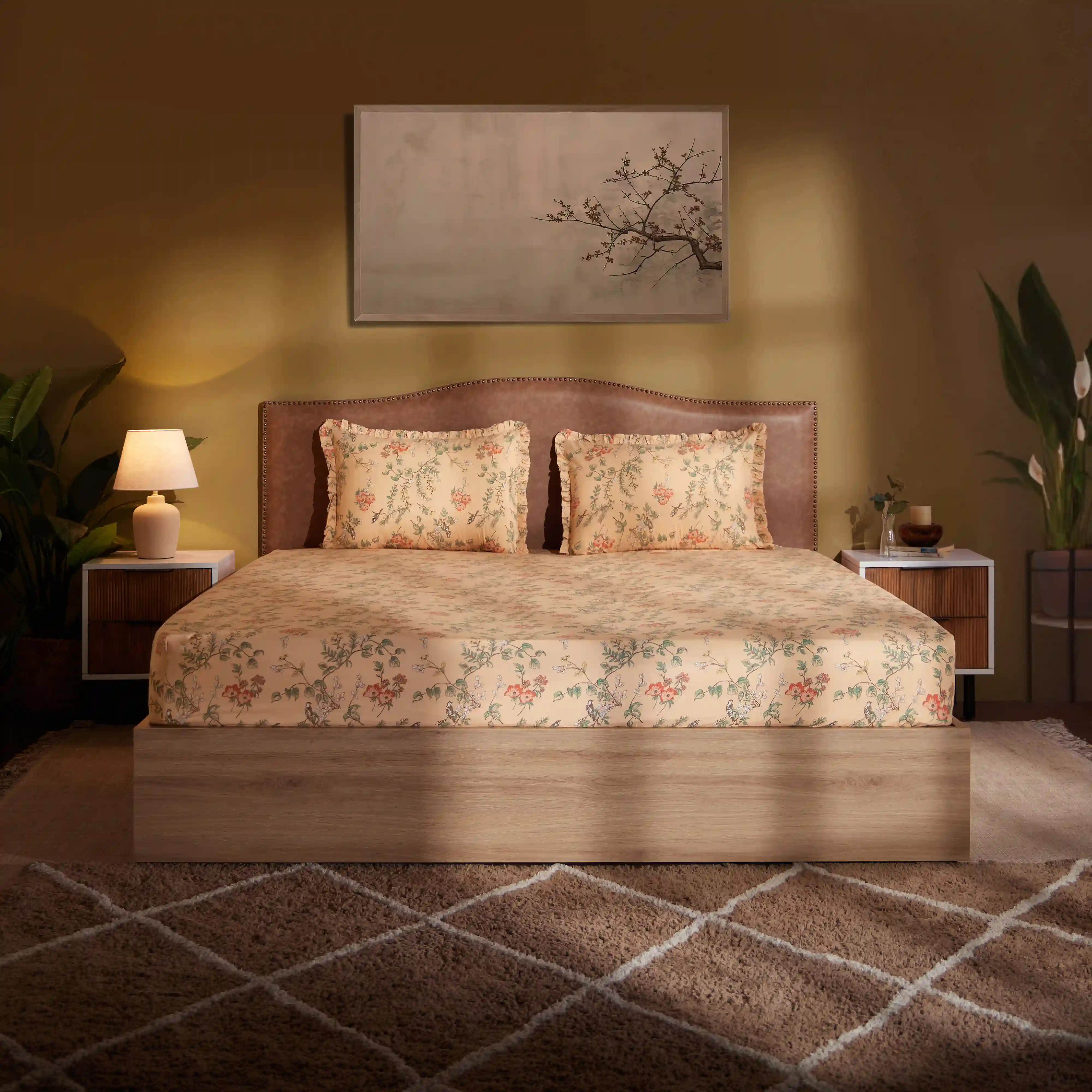Bloomshire Luxe | Romantic Flora Printed Cotton Fitted Sheet Set | Pillow Cover with Frills-Peach - Image 2