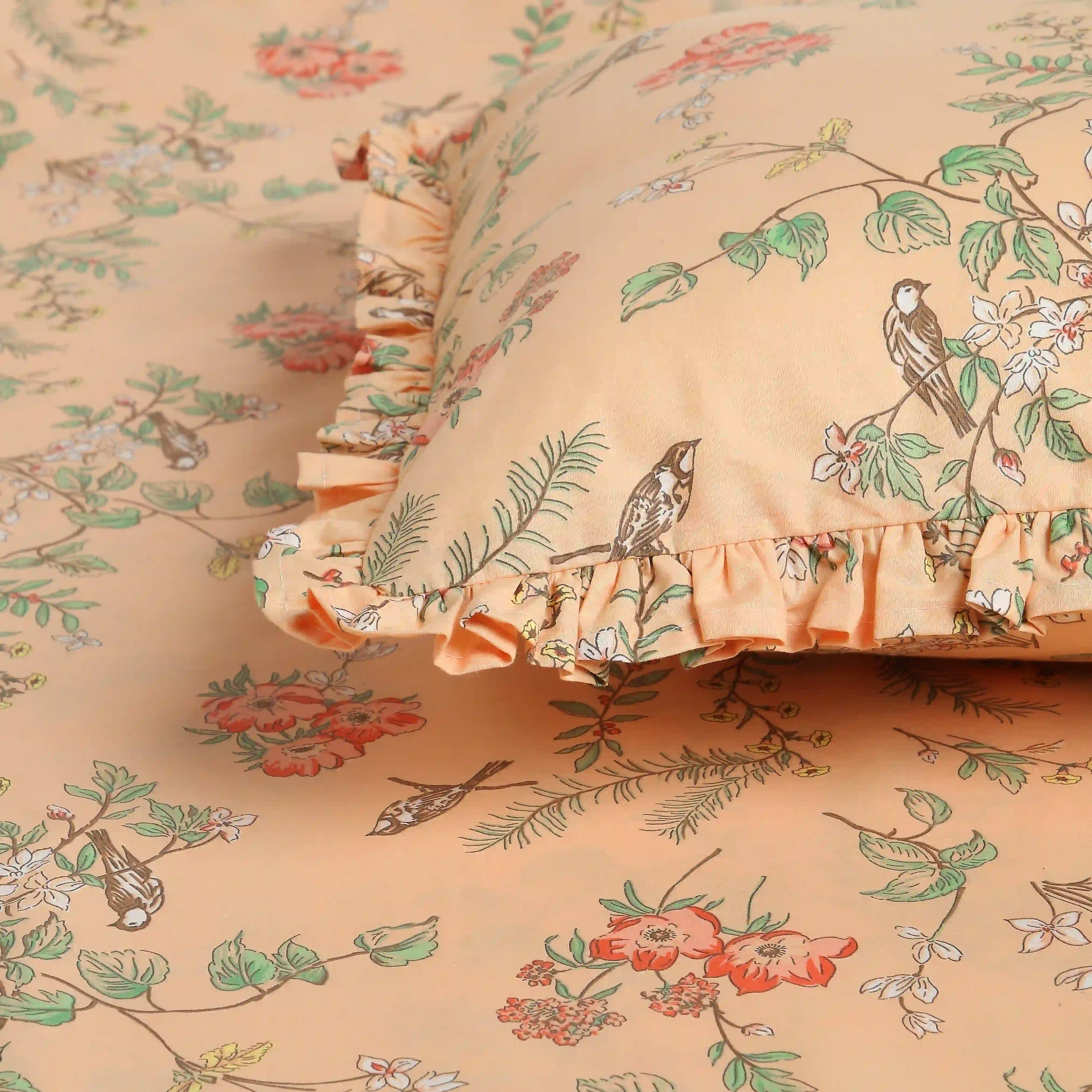 Bloomshire Luxe | Romantic Flora Printed Cotton Fitted Sheet Set | Pillow Cover with Frills-Peach - Image 6