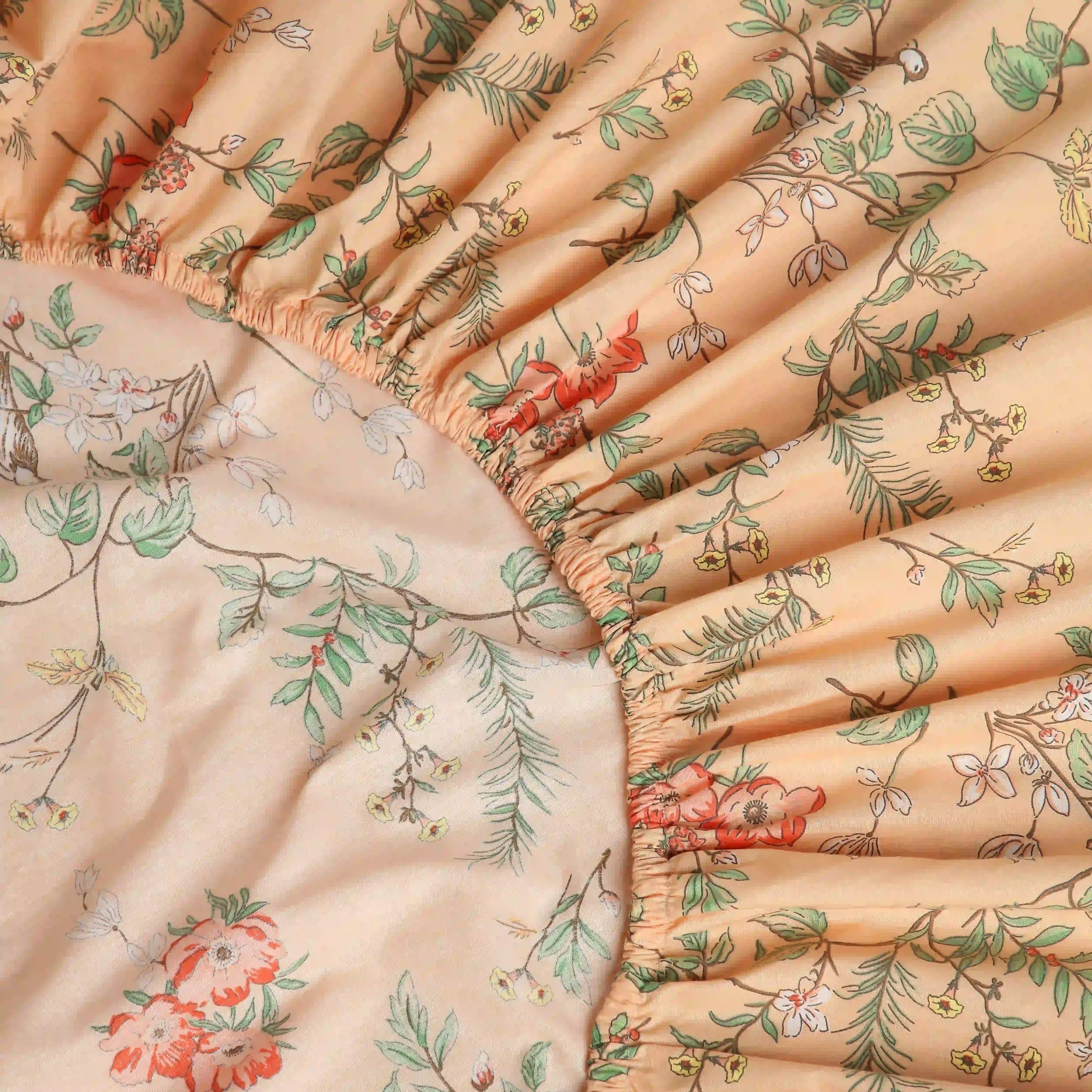 Bloomshire Luxe | Romantic Flora Printed Cotton Fitted Sheet Set | Pillow Cover with Frills-Peach - Image 7