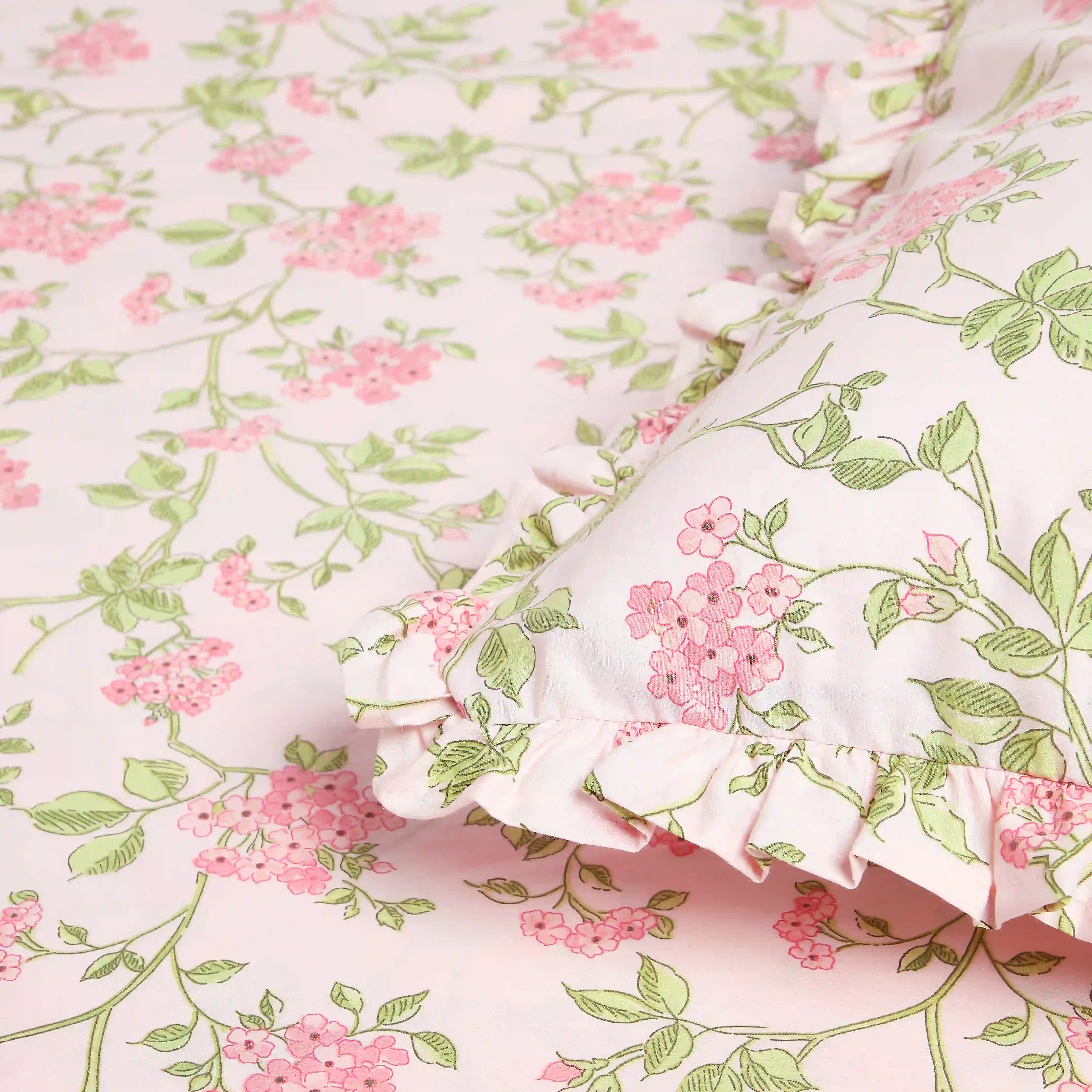Bloomshire Luxe | Romantic Flora Printed Cotton Fitted Sheet Set | Pillow Cover with Frills-Pink - Image 6