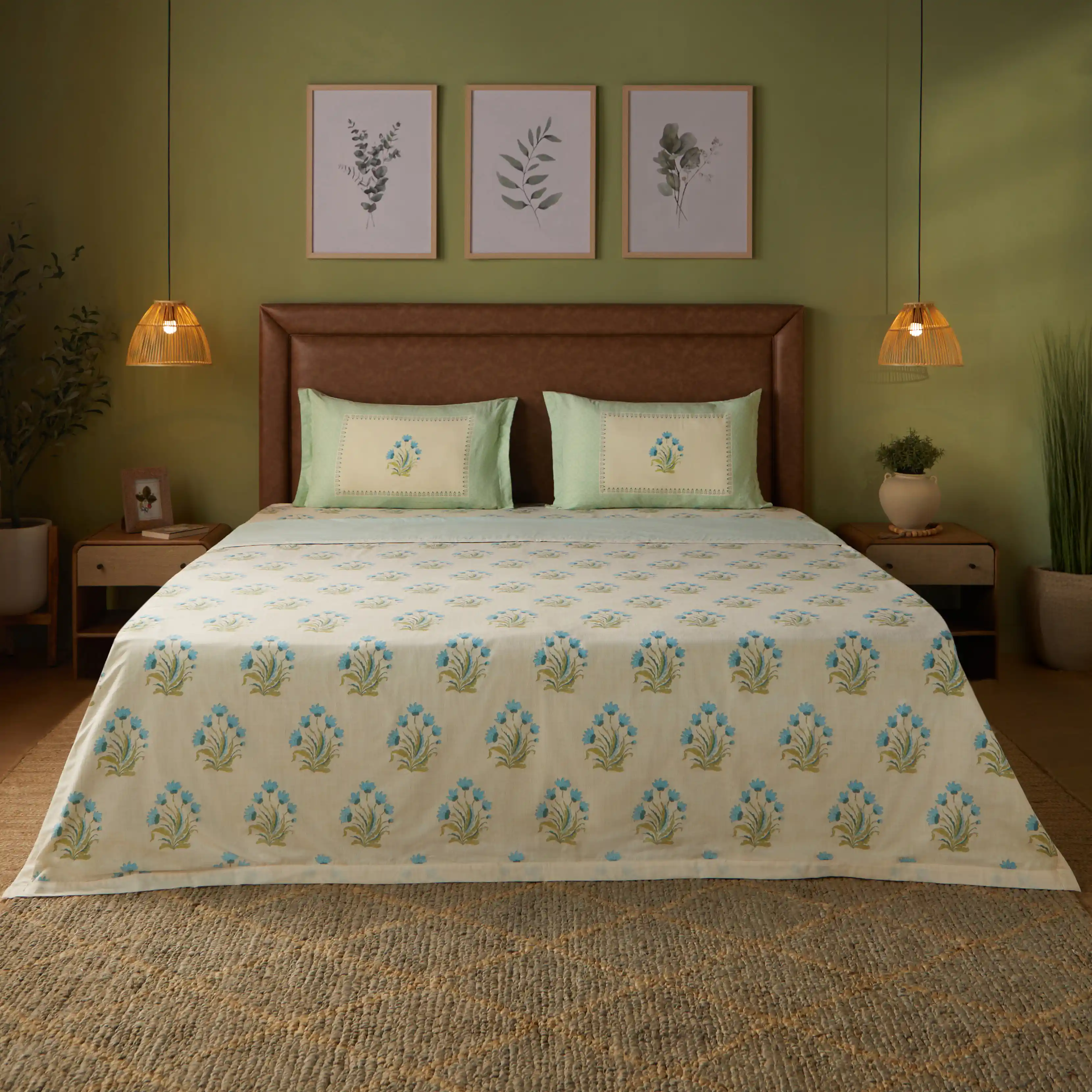 Chippa Lane | Contemporary Indian Print Design Coordinated Bedding Set | Set of Bedsheet & Dohar-Indian Sage - Image 2