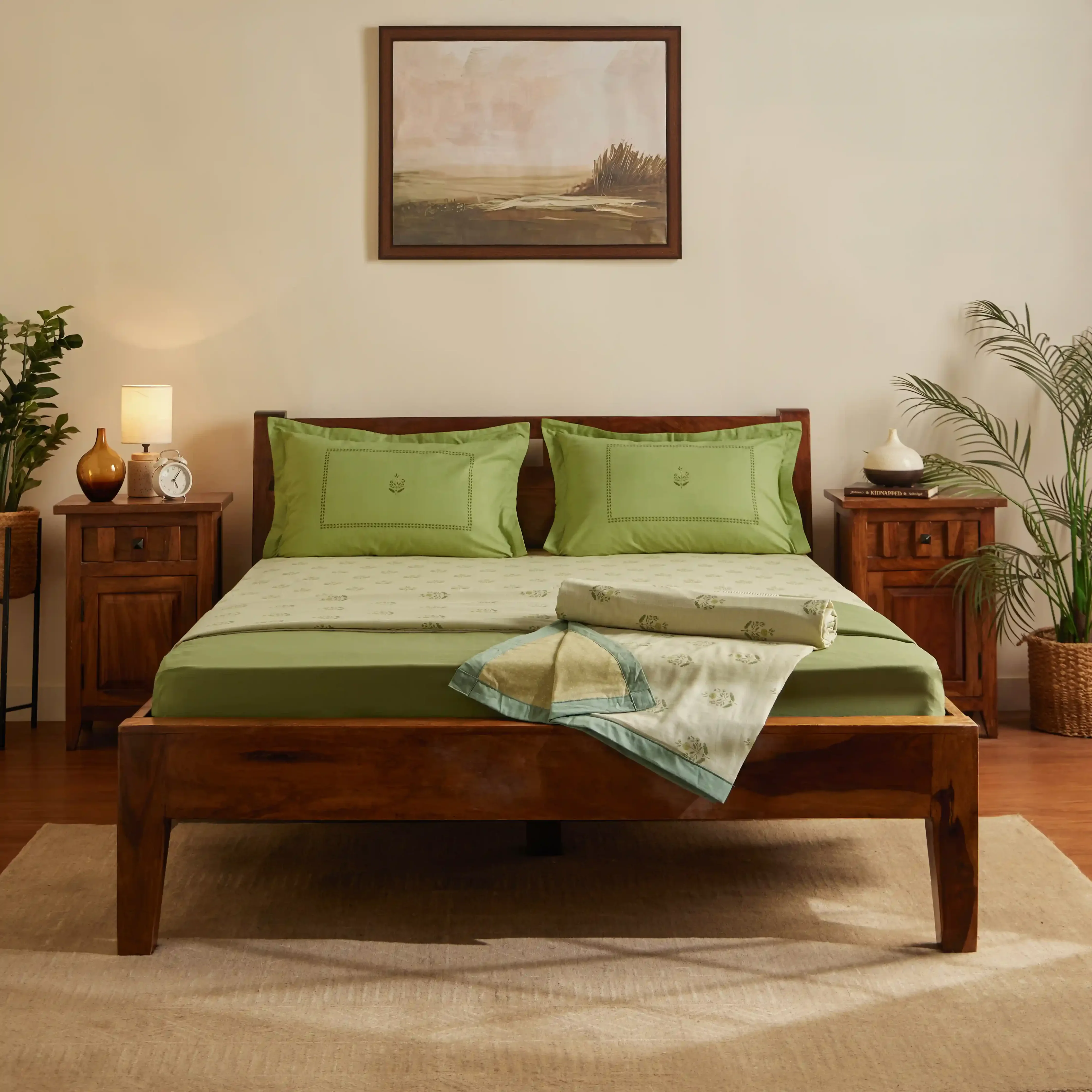 Chippa Lane | Contemporary Indian Print Design Coordinated Bedding Set | Set of Bedsheet & Dohars-Indian Moss - Image 2