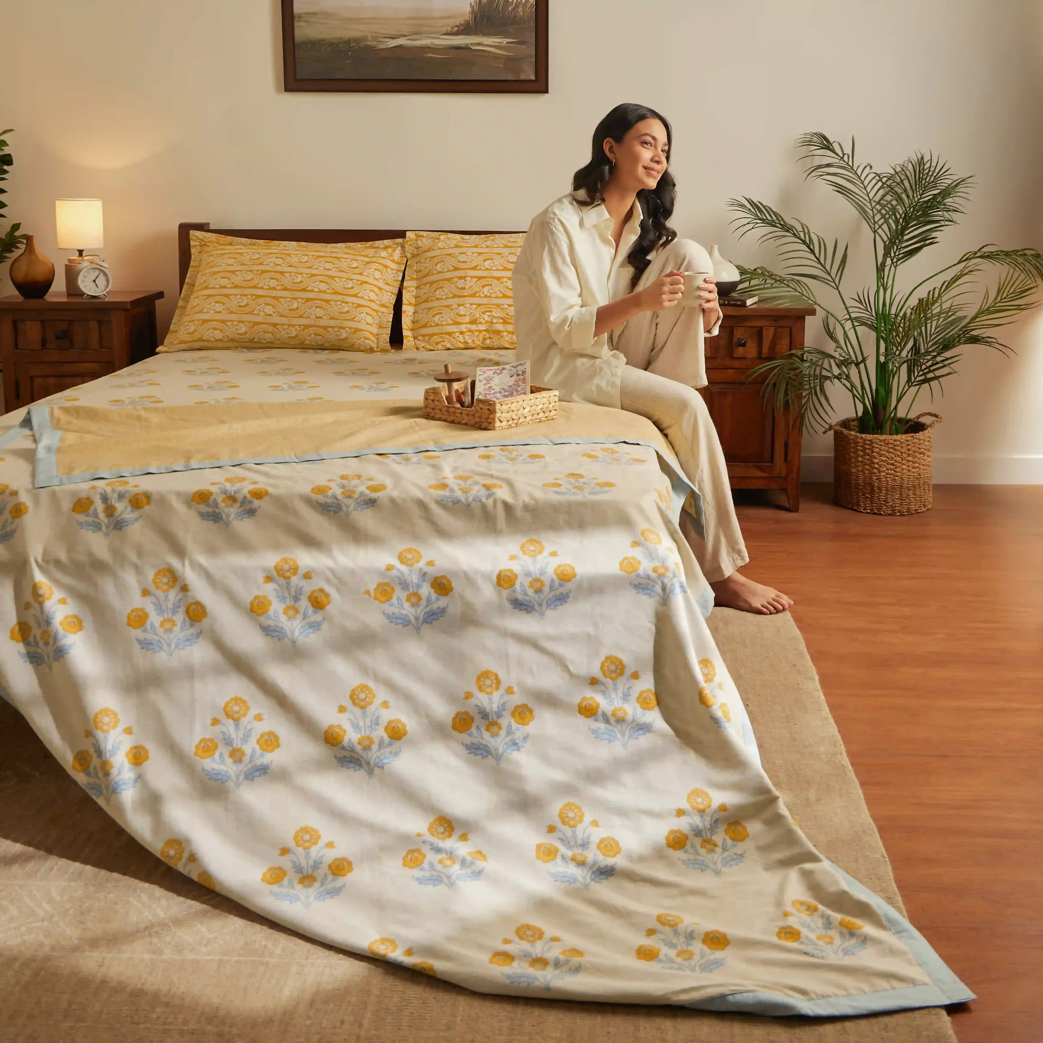 Chippa Lane | Contemporary Indian Print Design Coordinated Bedding Set | Set of Bedsheet & Dohars-Ochre - Image 3
