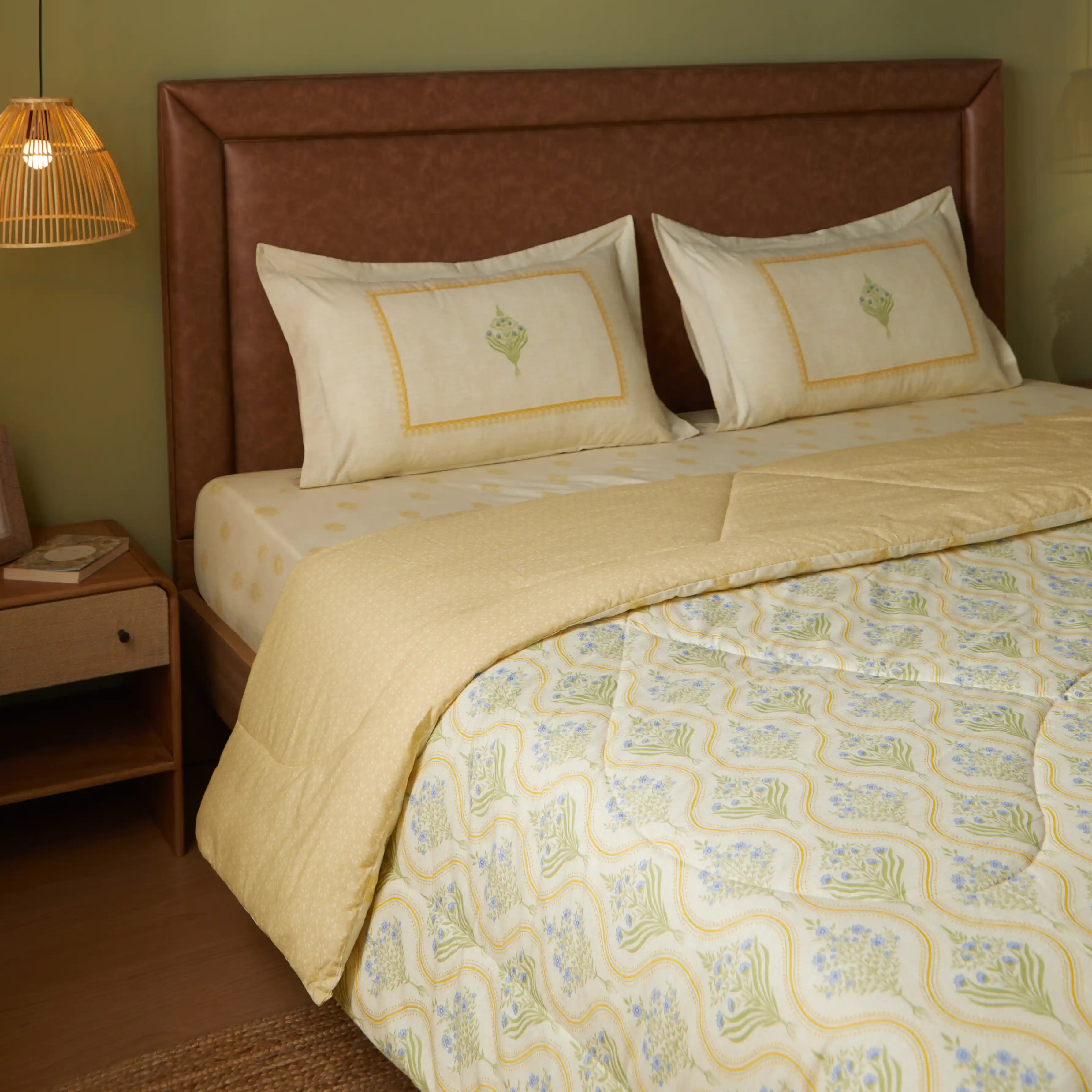 Chippa Lane | Contemporary Indian Print Design Coordinated Bedding Set | Set of Bedsheet & Comforter-Mustard