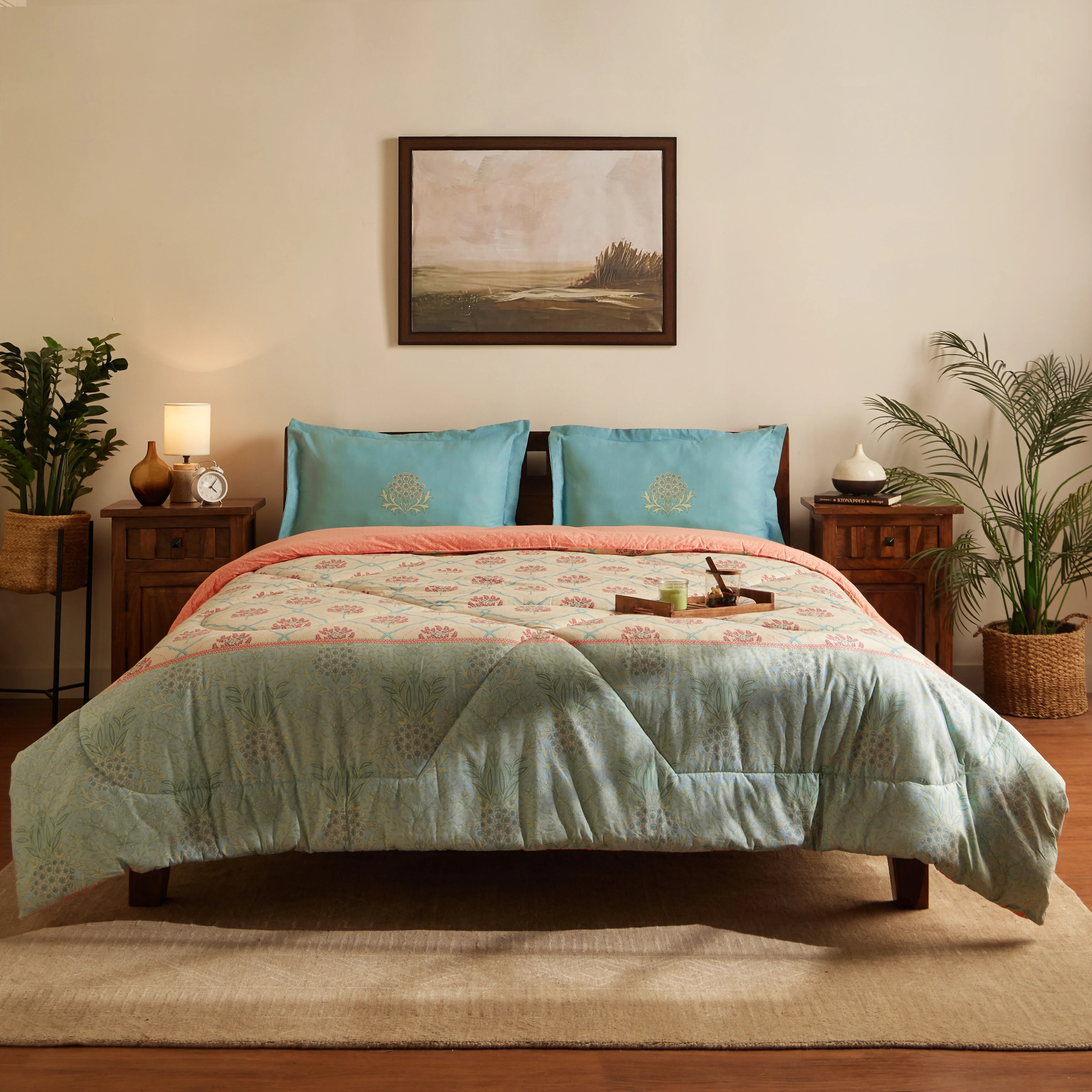 Chippa Lane | Contemporary Indian Print Design Coordinated Bedding Set | Set of Bedsheet & Comforter-Sage Bloom - Image 2