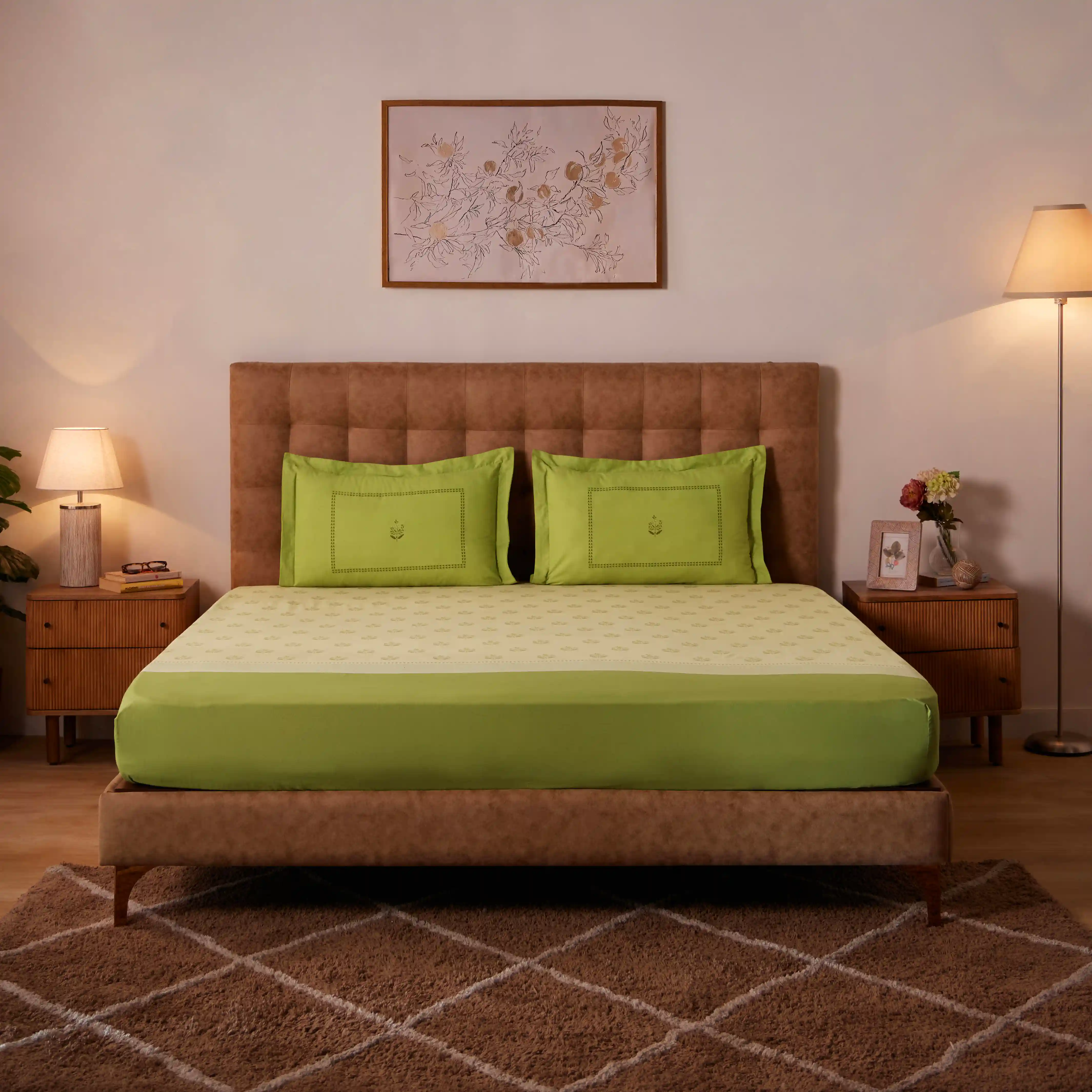 Chippa Lane | Contemporary Indian Print Design Cotton Fitted Sheet Set-Indian Moss - Image 9
