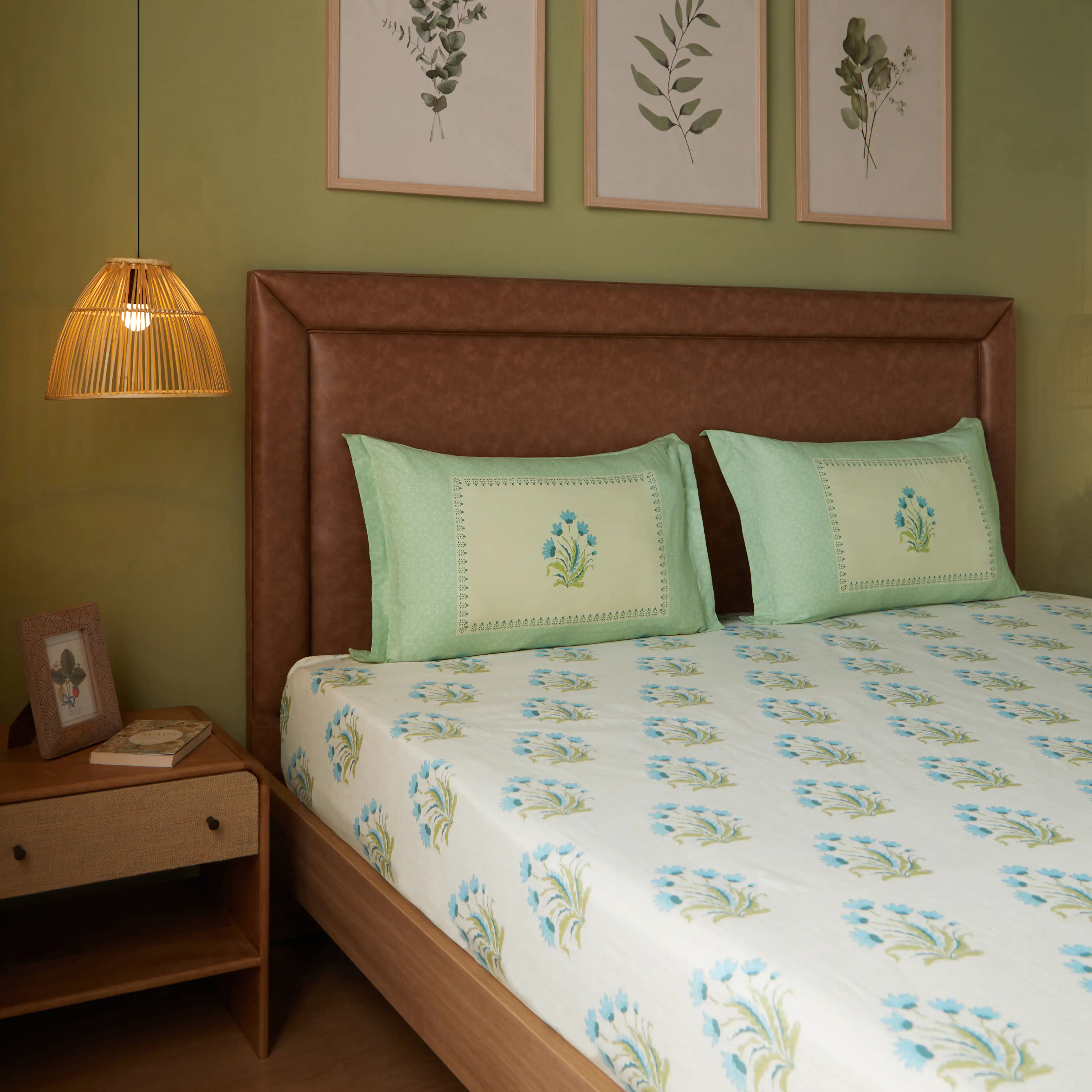 Chippa Lane | Contemporary Indian Print Design Cotton Fitted Sheet Set-Indian Sage - Image 8