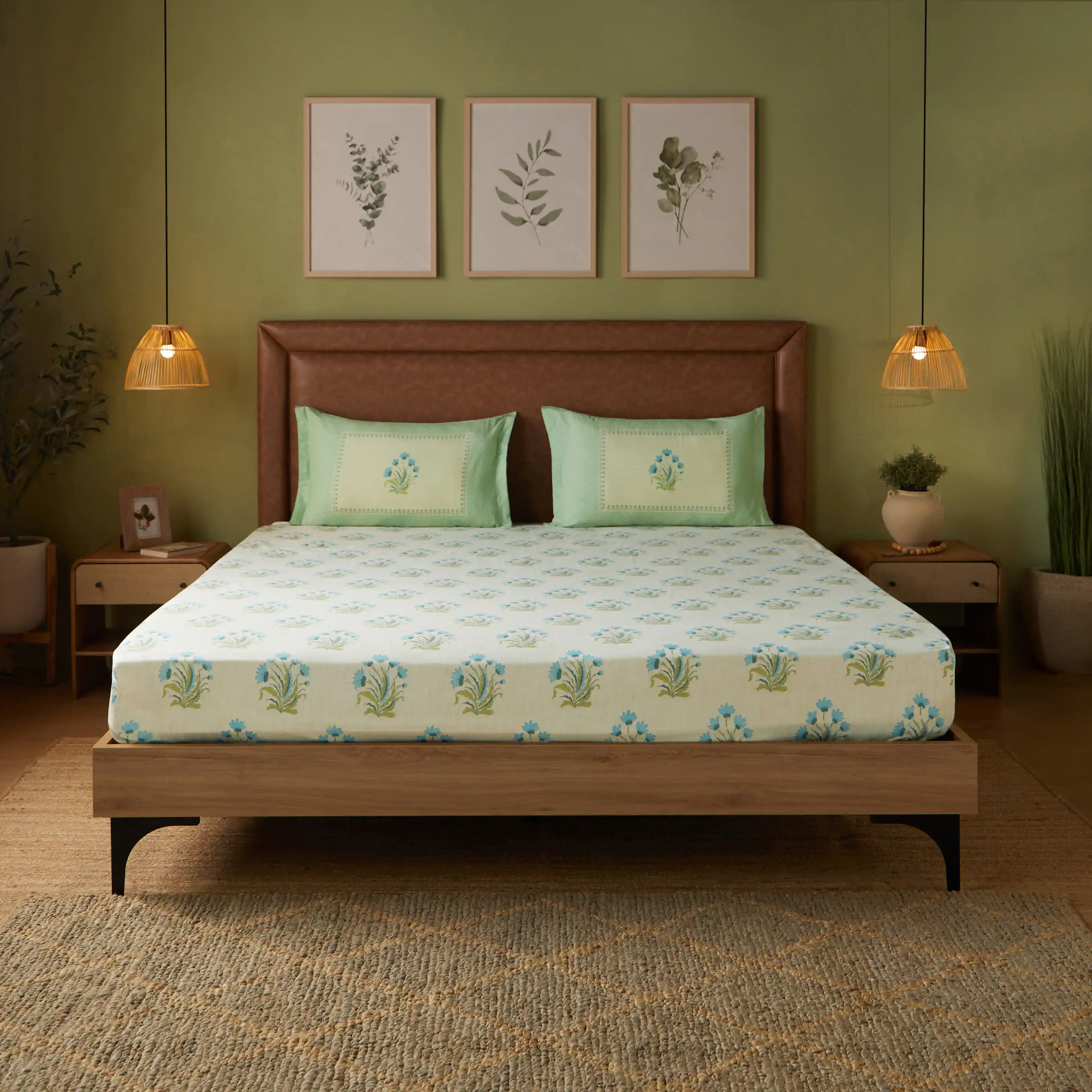 Chippa Lane | Contemporary Indian Print Design Cotton Fitted Sheet Set-Indian Sage - Image 9
