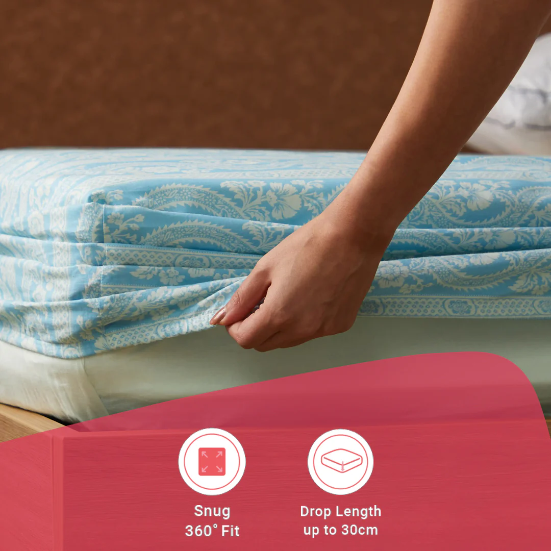 Chippa Lane | Contemporary Indian Print Design Cotton Fitted Sheet Set-Light Blue - Image 15