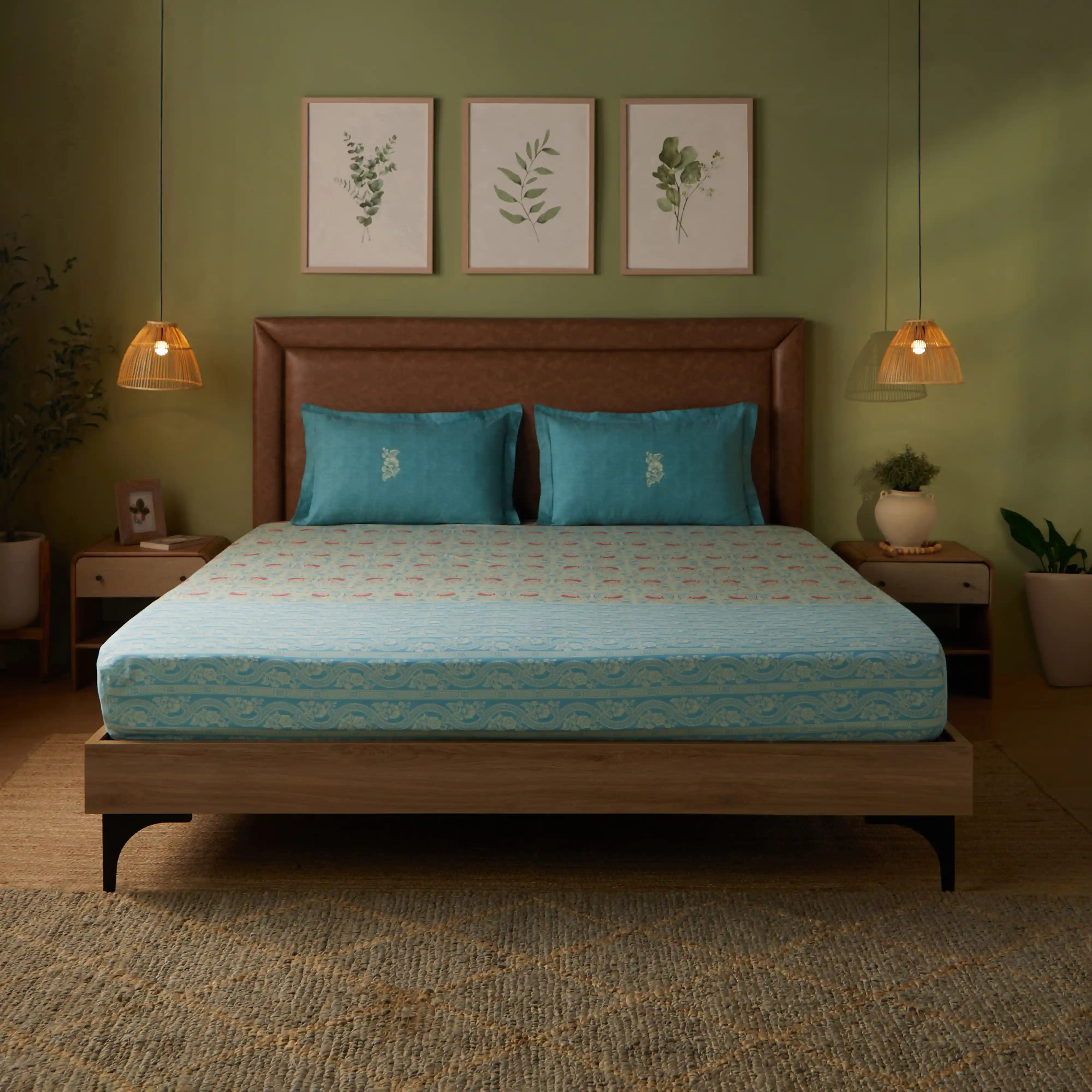 Chippa Lane | Contemporary Indian Print Design Cotton Fitted Sheet Set-Light Blue - Image 2